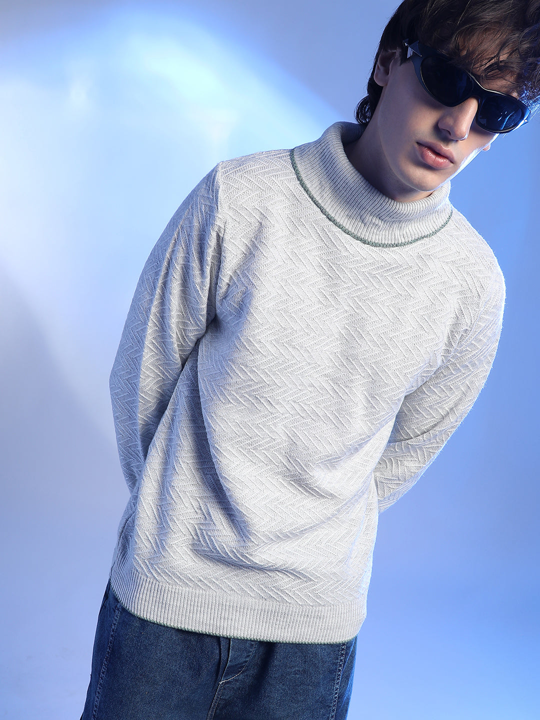 Campus Sutra Herringbone Textured Pullover Sweater
