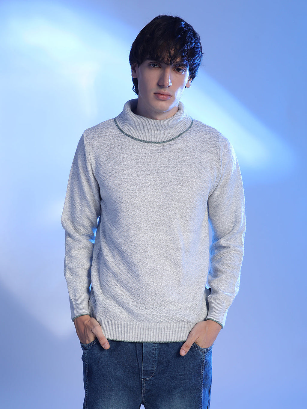 Campus Sutra Herringbone Textured Pullover Sweater
