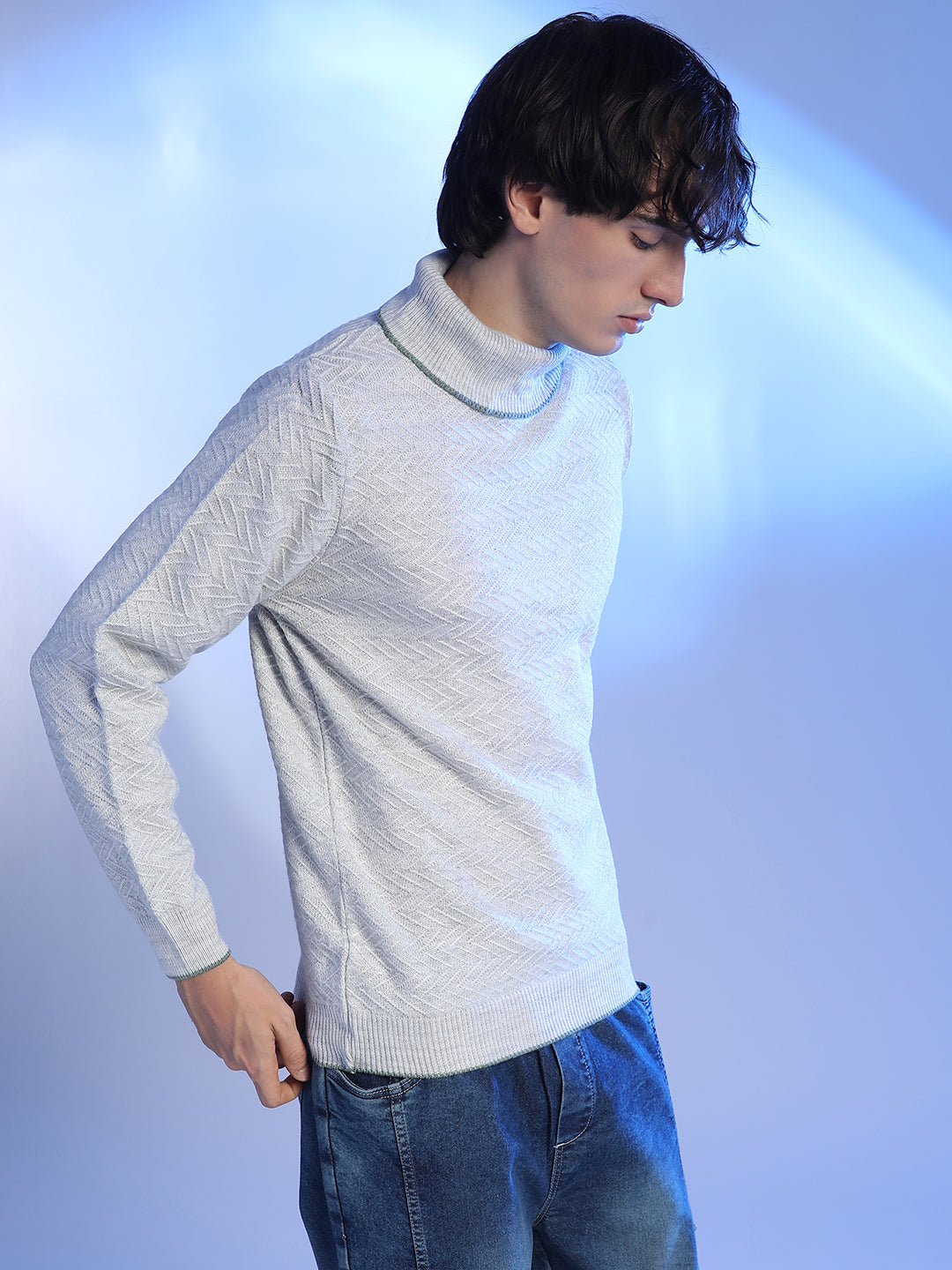 Campus Sutra Herringbone Textured Pullover Sweater