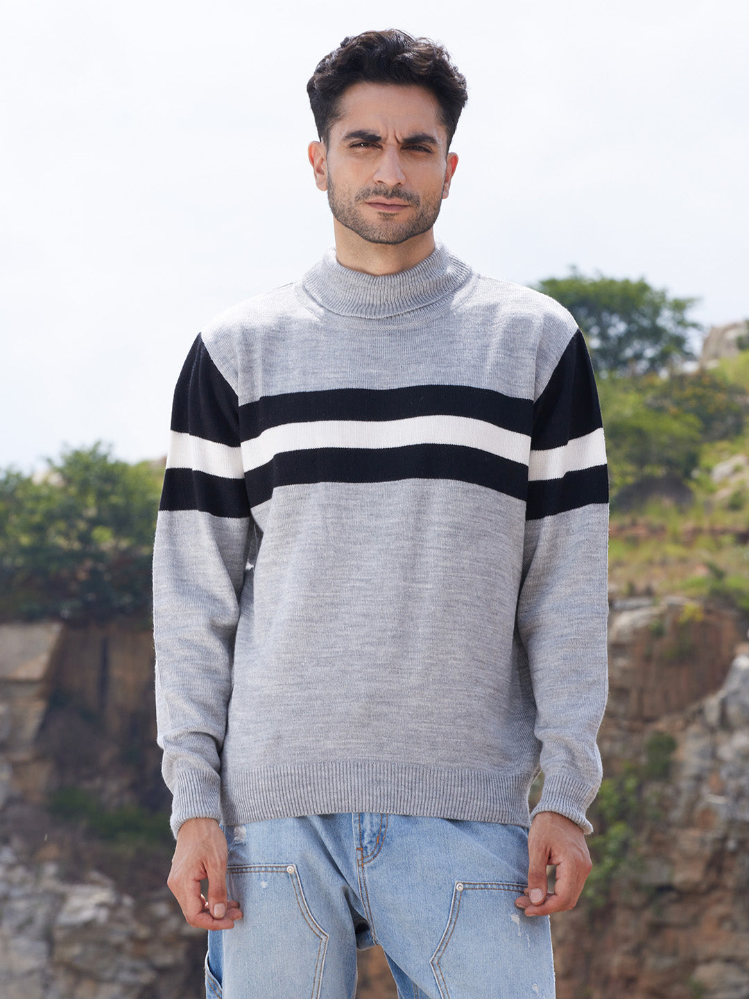 Campus Sutra Men's Relaxed Horizontal Striped Pullover Sweater