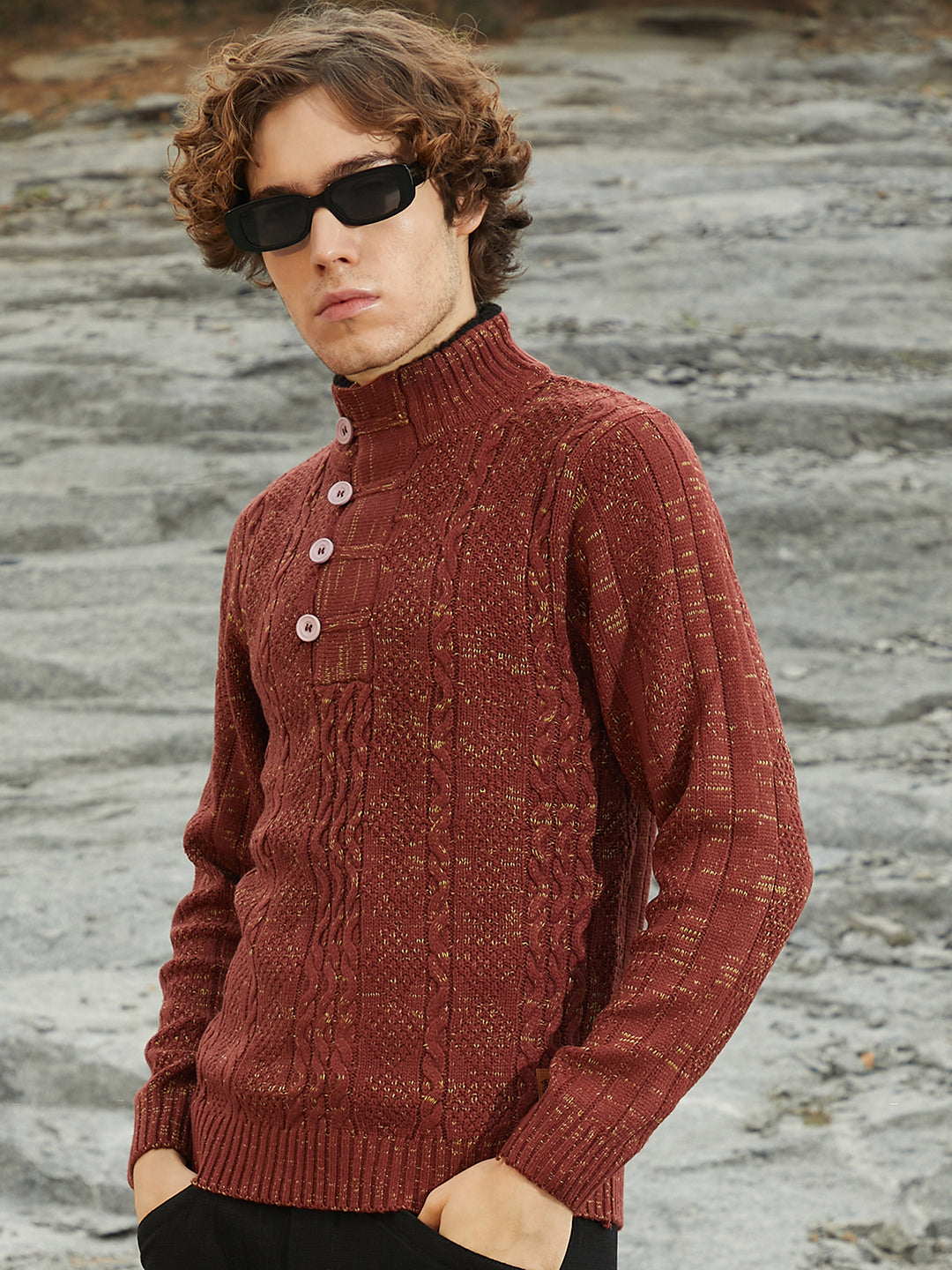 Campus Sutra Heathered Cable-Knit Sweater