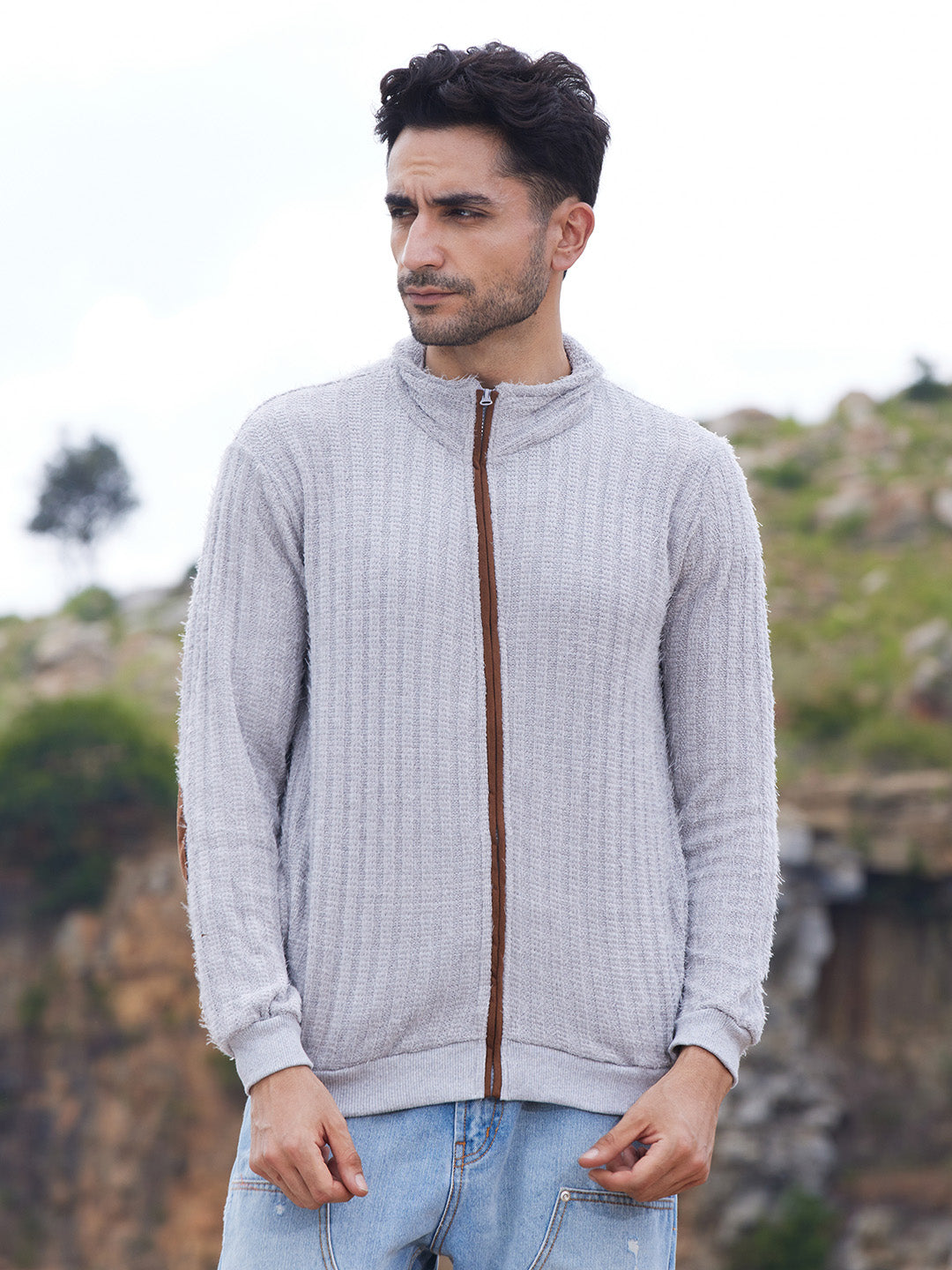 Campus Sutra Self-Design Striped Knitted Jacket