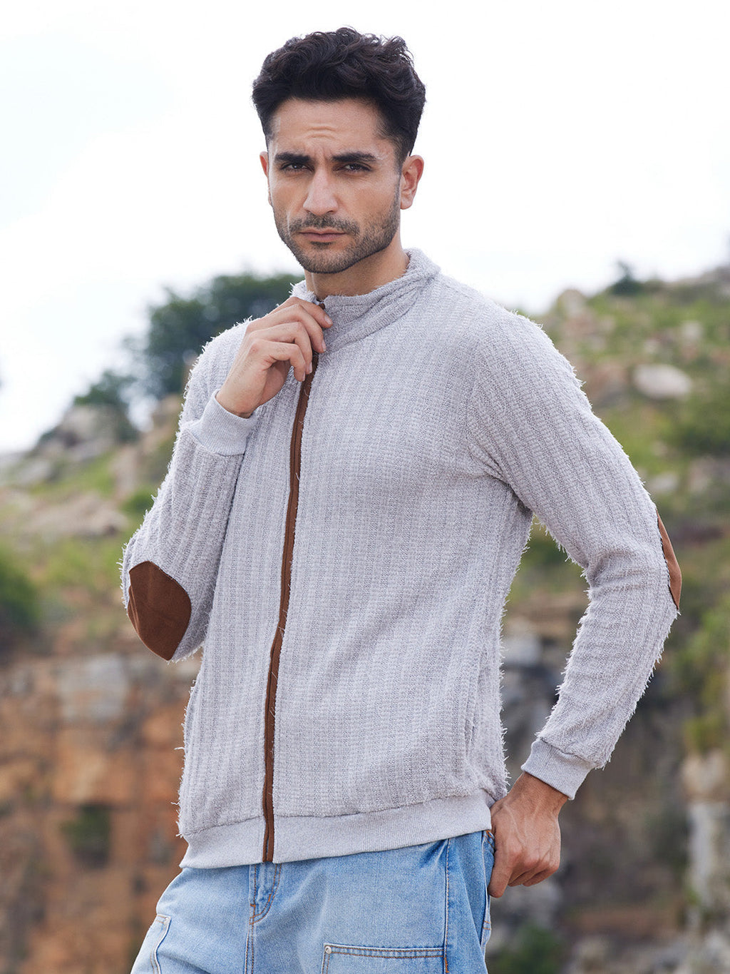 Campus Sutra Self-Design Striped Knitted Jacket