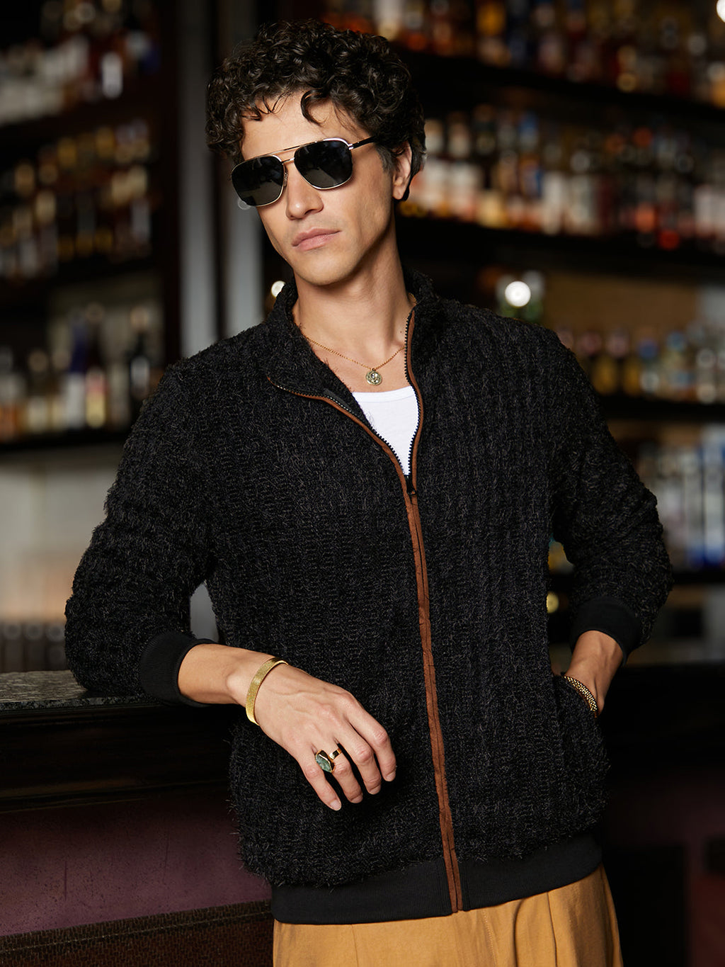 Campus Sutra Self-Design Striped Knitted Jacket