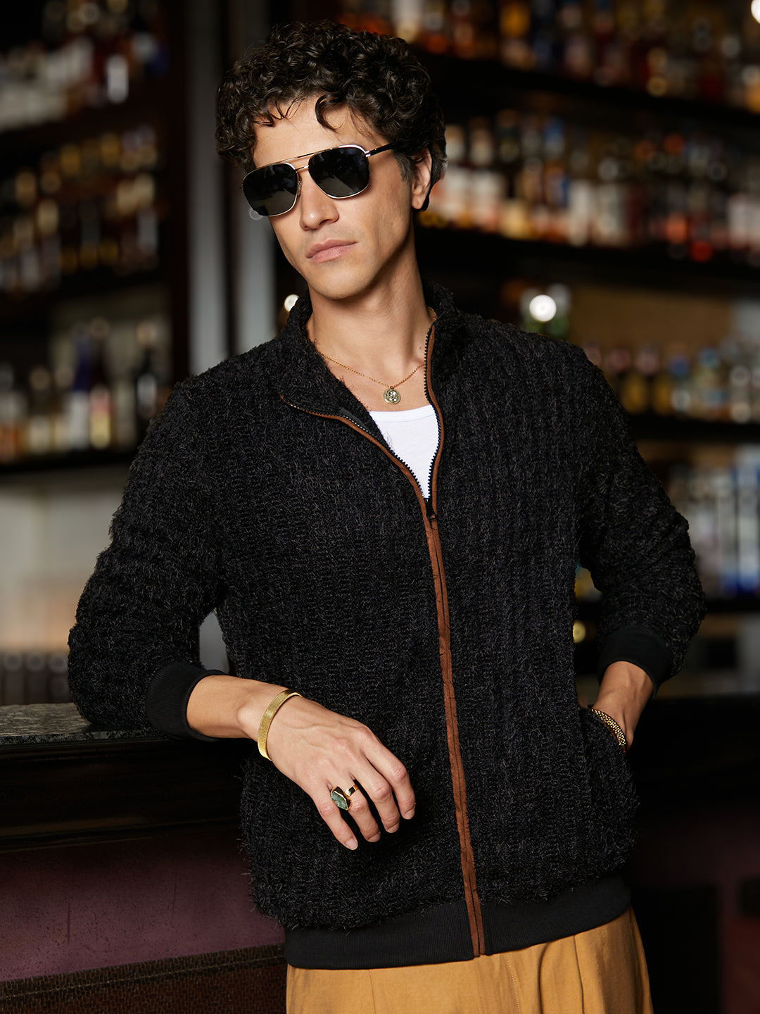 Campus Sutra Self-Design Striped Knitted Jacket