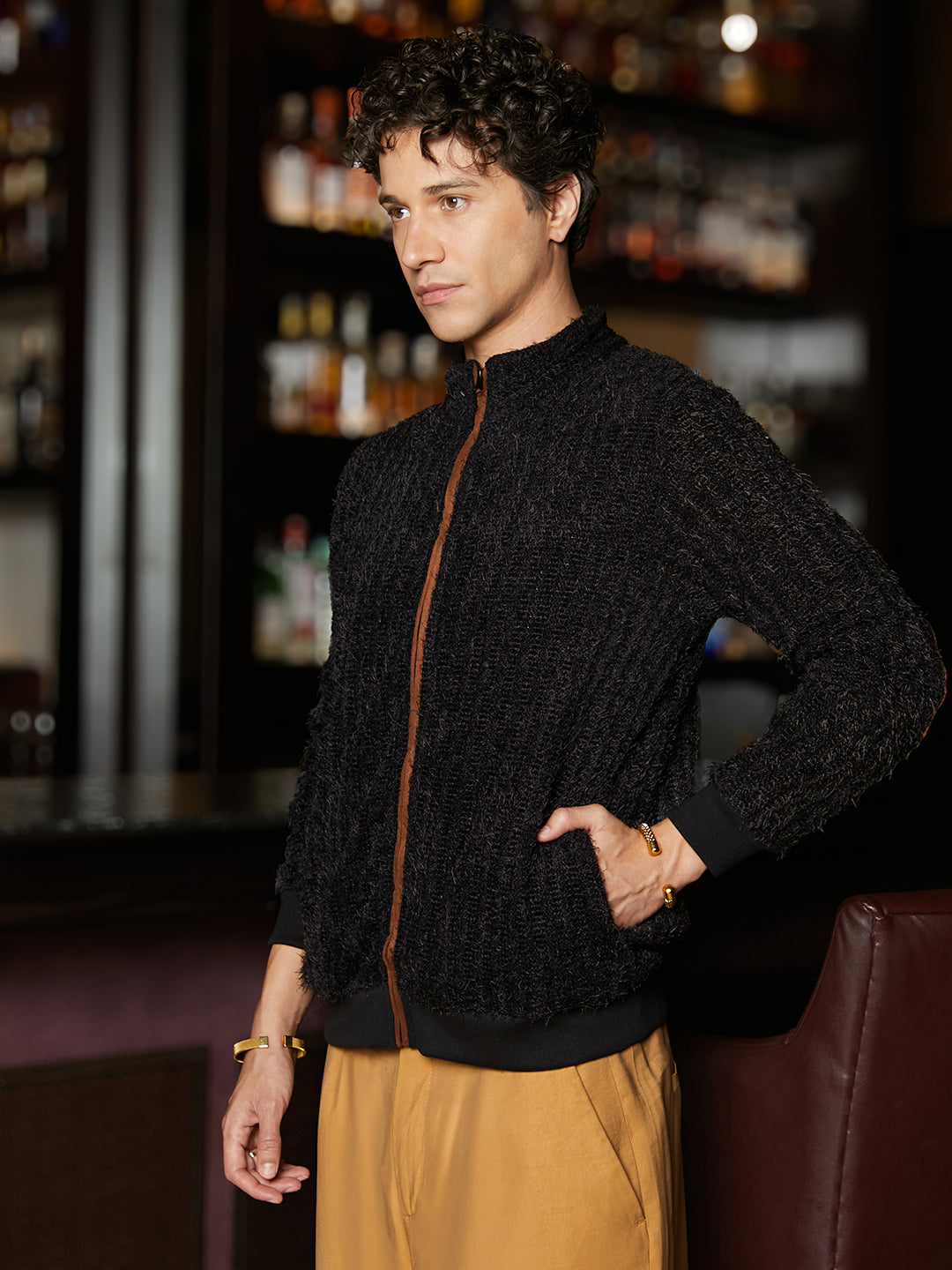 Campus Sutra Self-Design Striped Knitted Jacket