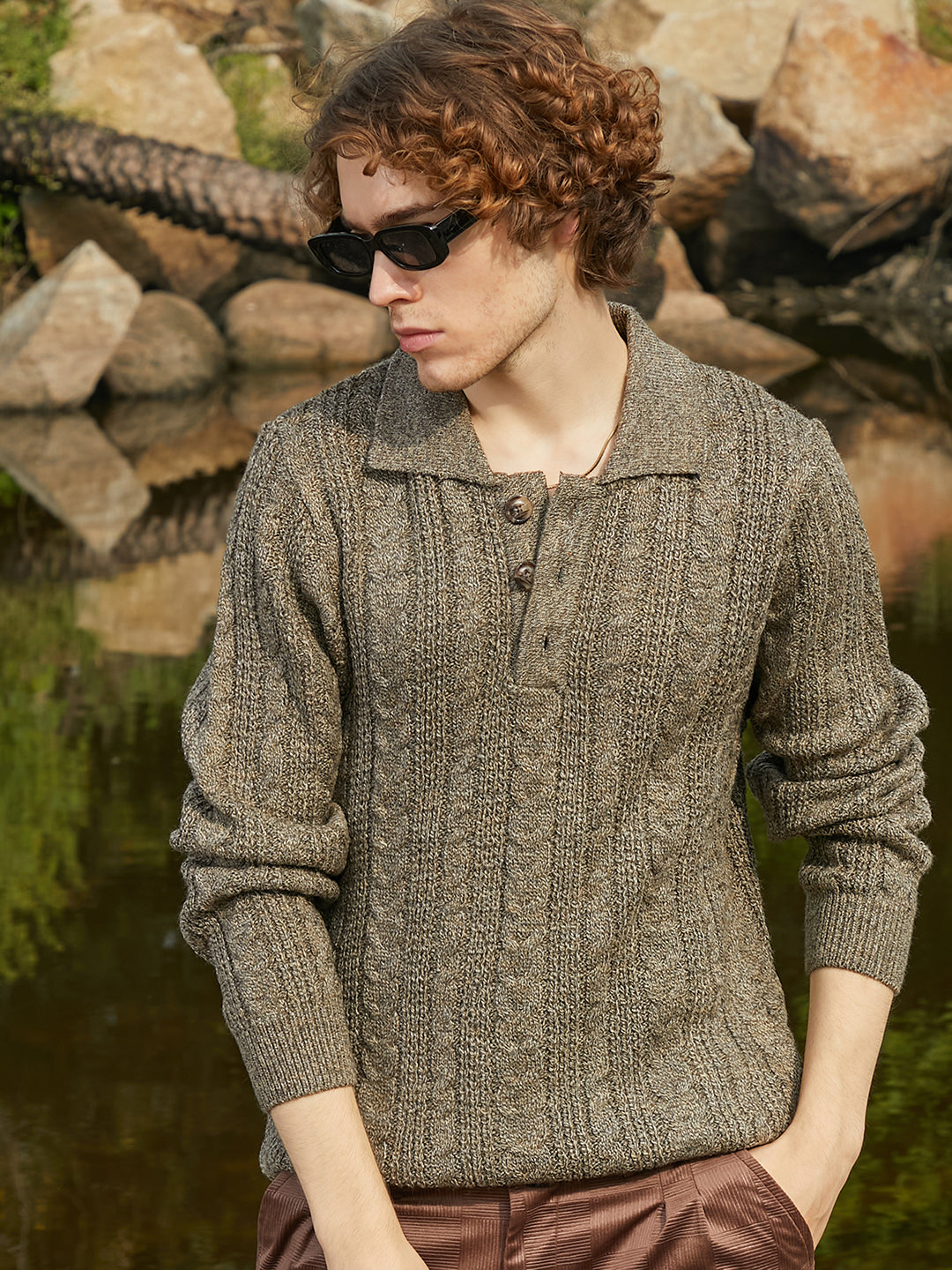 Campus Sutra Braid-Knit Collared Sweater