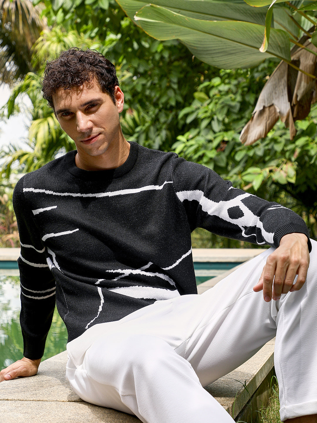 Campus Sutra Mono-Abstract Pullover Sweater
