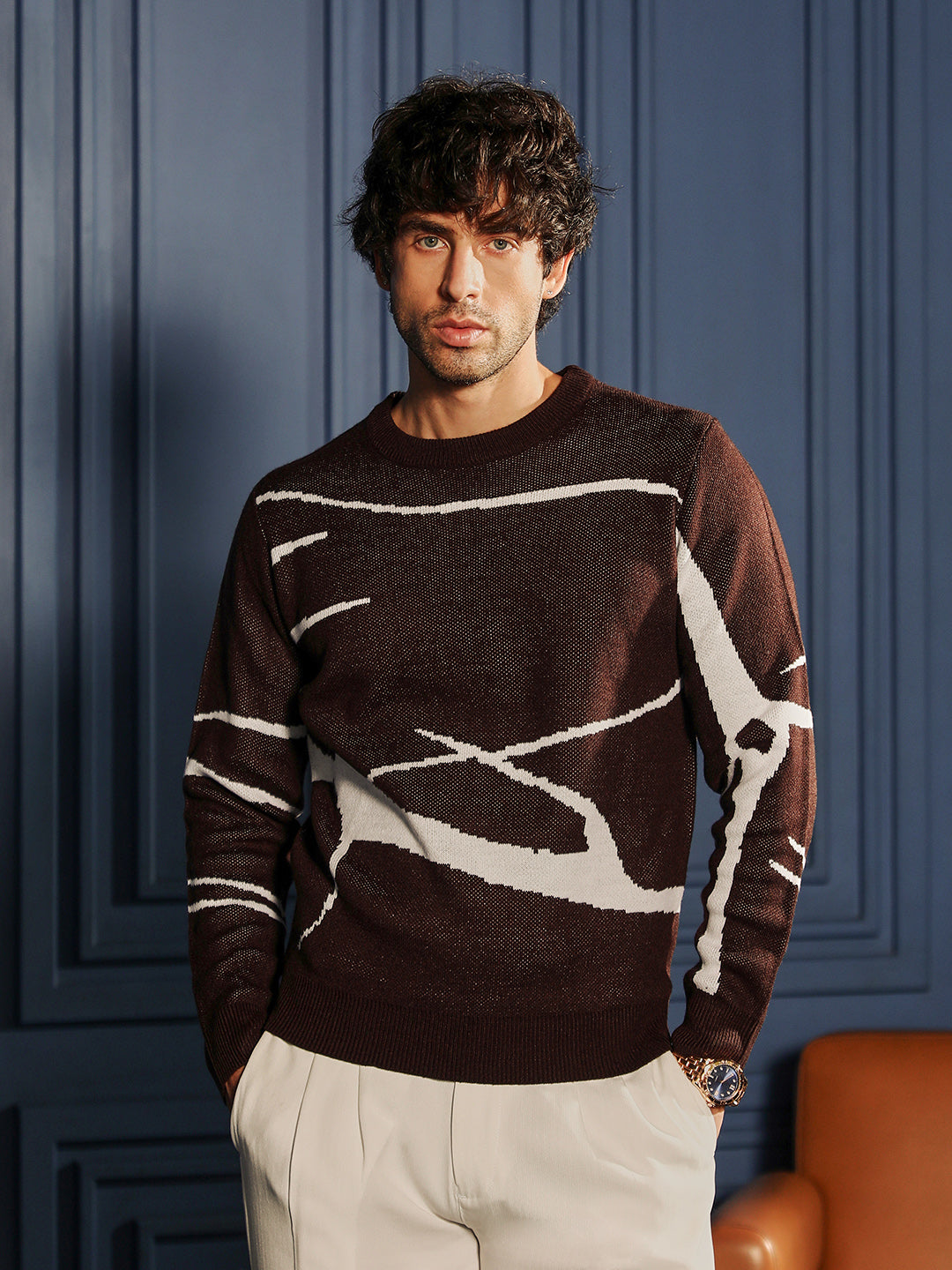Campus Sutra Mono-Abstract Pullover Sweater
