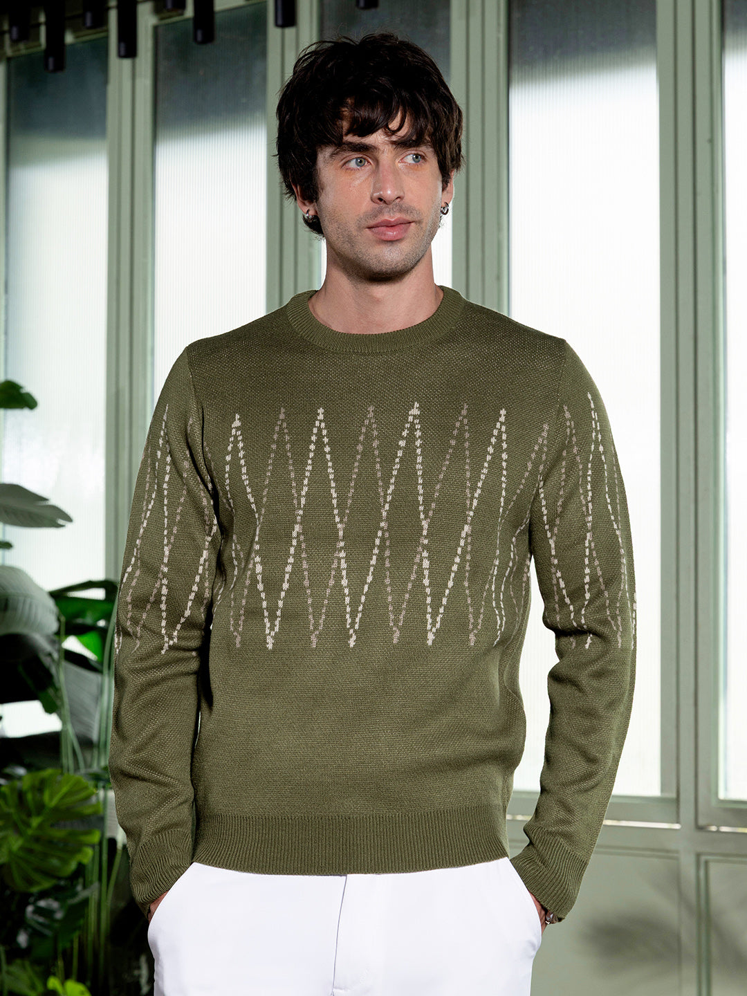 Campus Sutra Zigzag-Jacquard Pullover Sweater