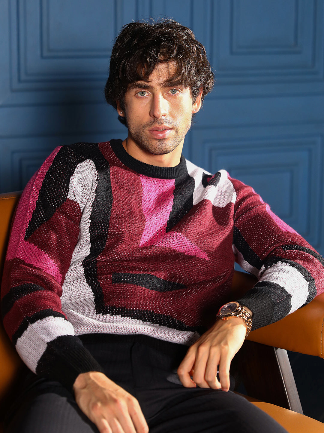 Campus Sutra Abstraction-Jacquard Pullover Sweater