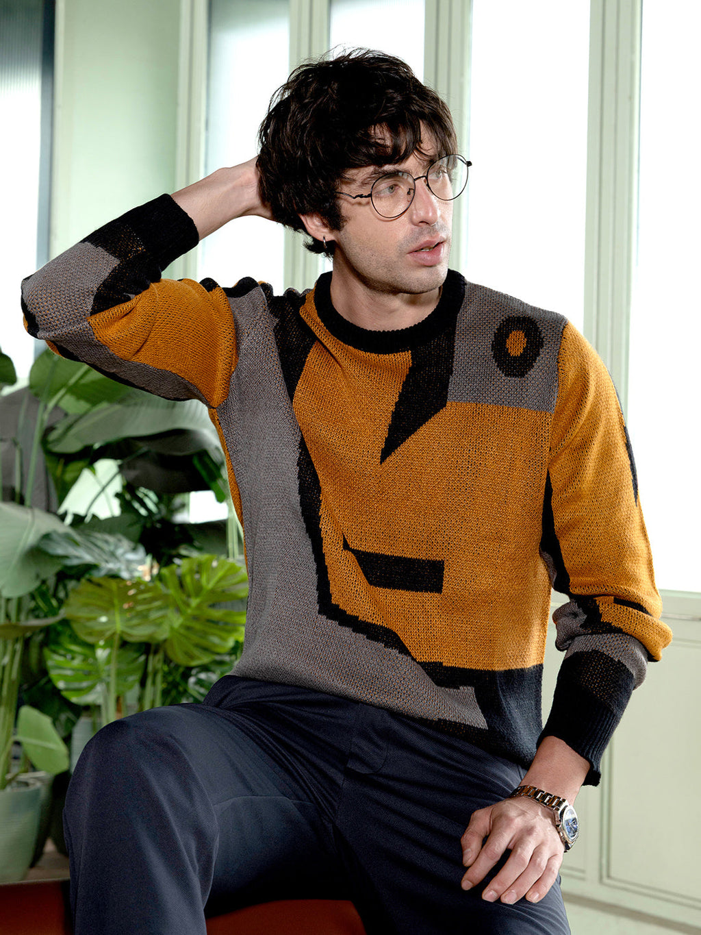 Campus Sutra Abstraction-Jacquard Pullover Sweater
