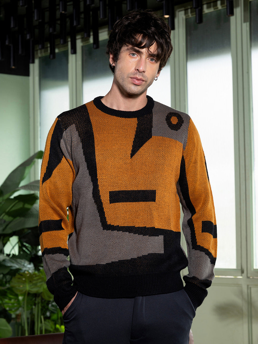 Campus Sutra Abstraction-Jacquard Pullover Sweater