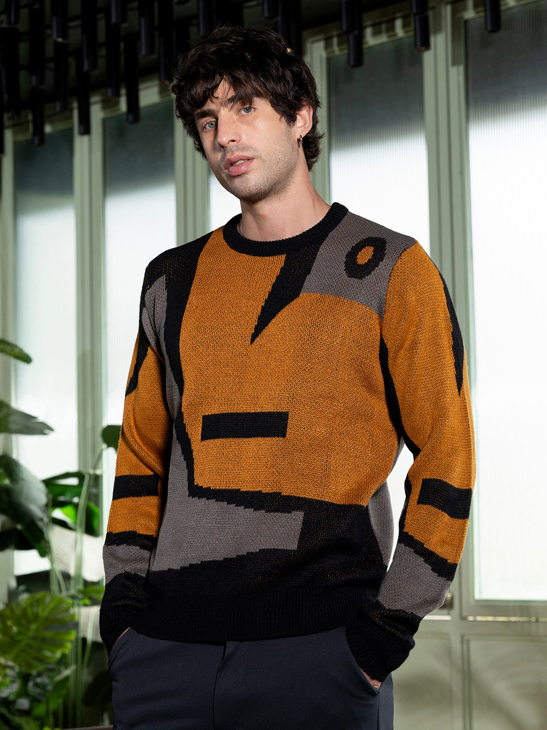 Campus Sutra Abstraction-Jacquard Pullover Sweater