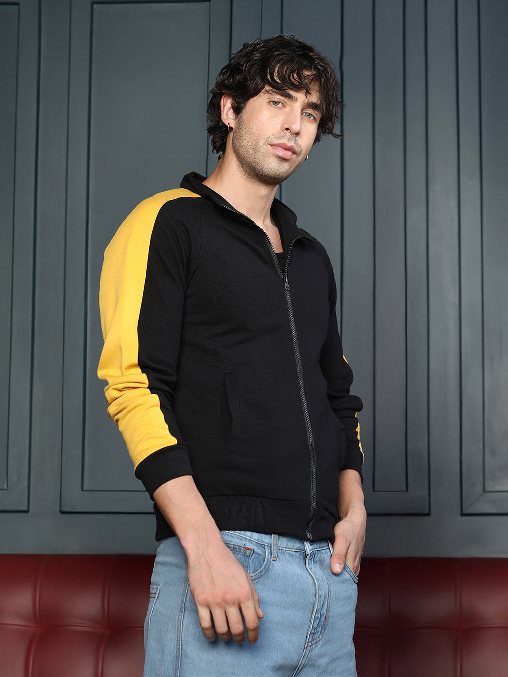 Campus Sutra Side-Panelled Zip-Front Sweatshirt
