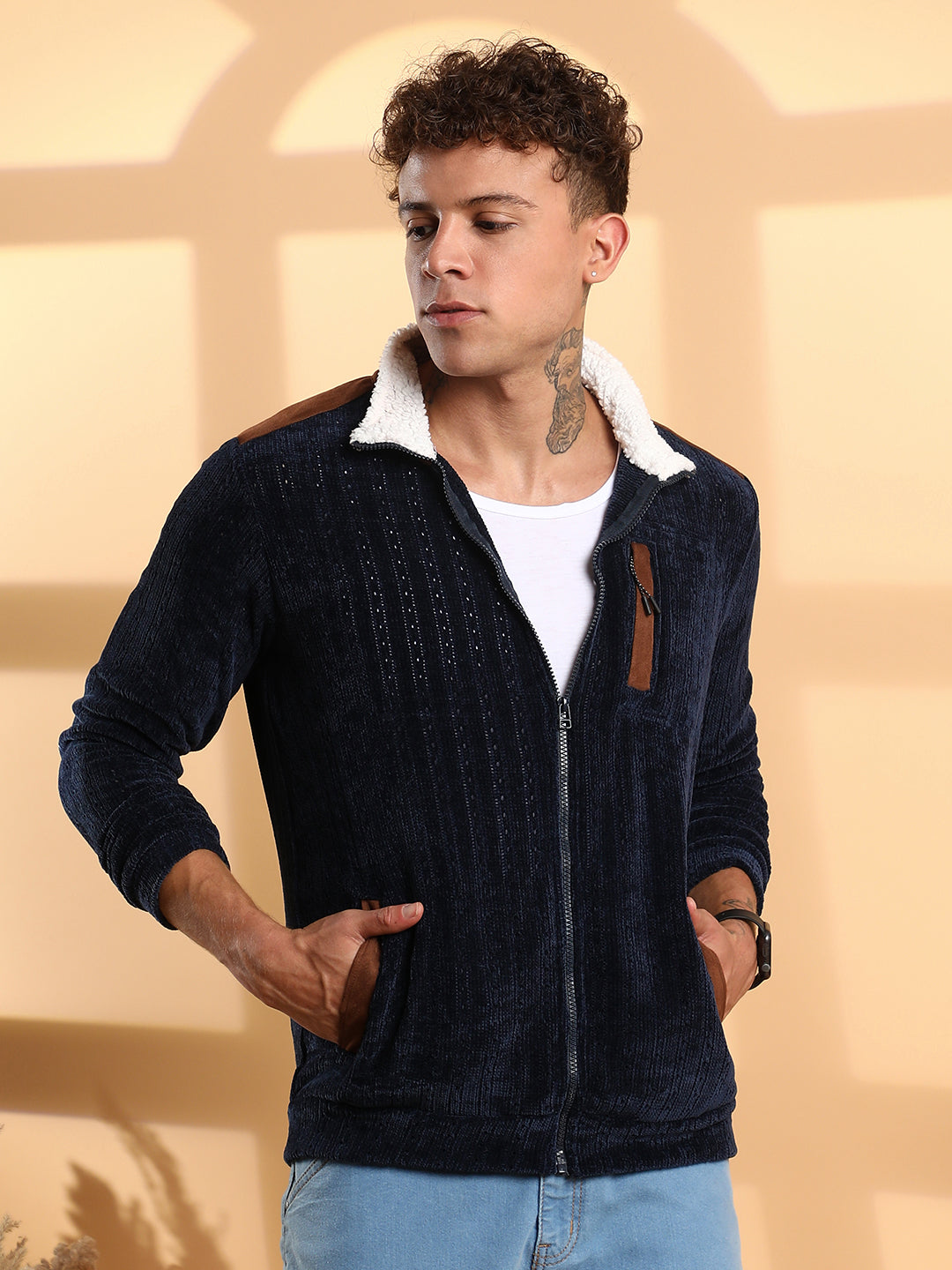 Campus Sutra Zip-Front Cable Knit Jacket
