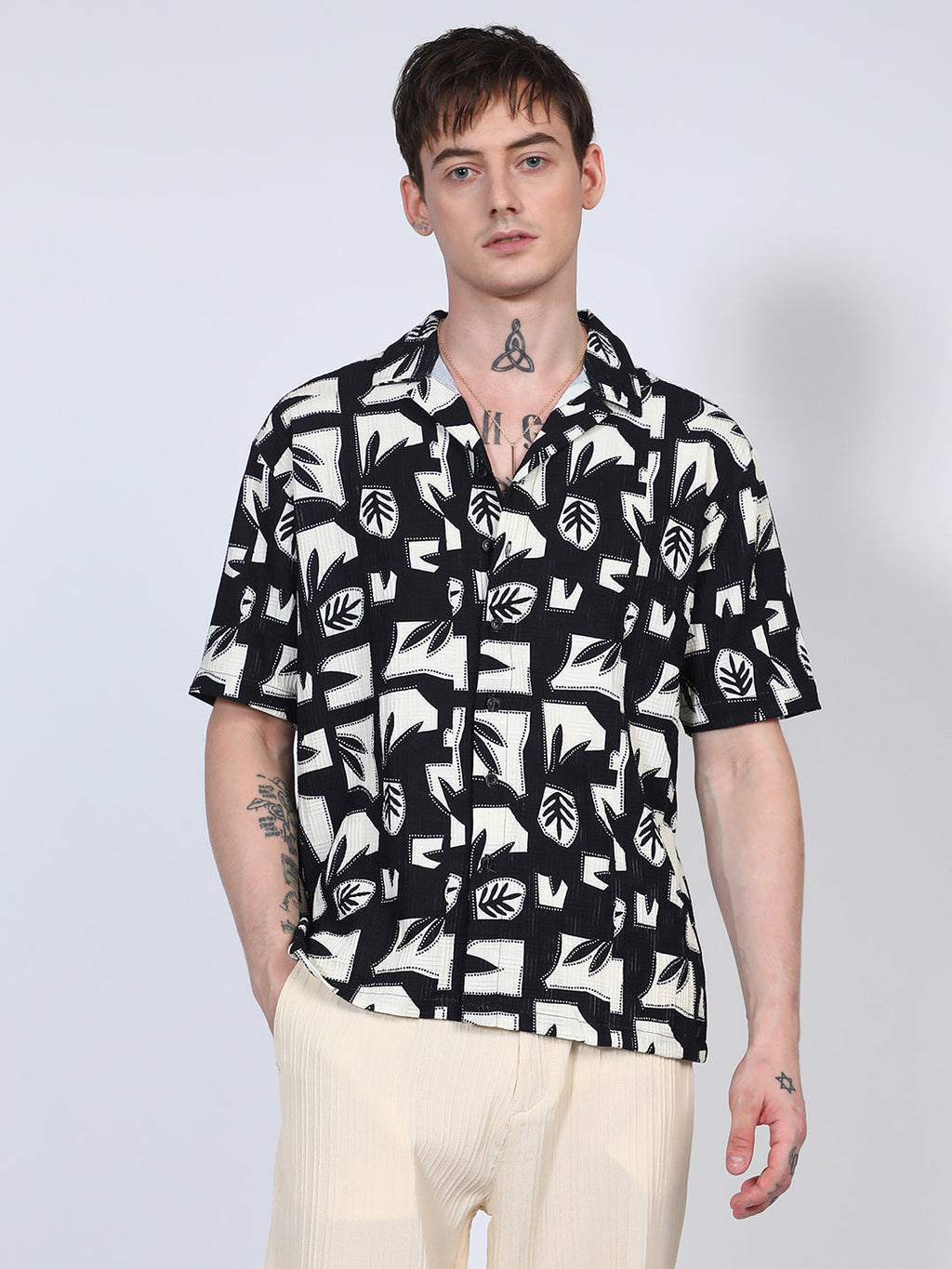 Campus Sutra Oversized Geometric Foliage Shirt