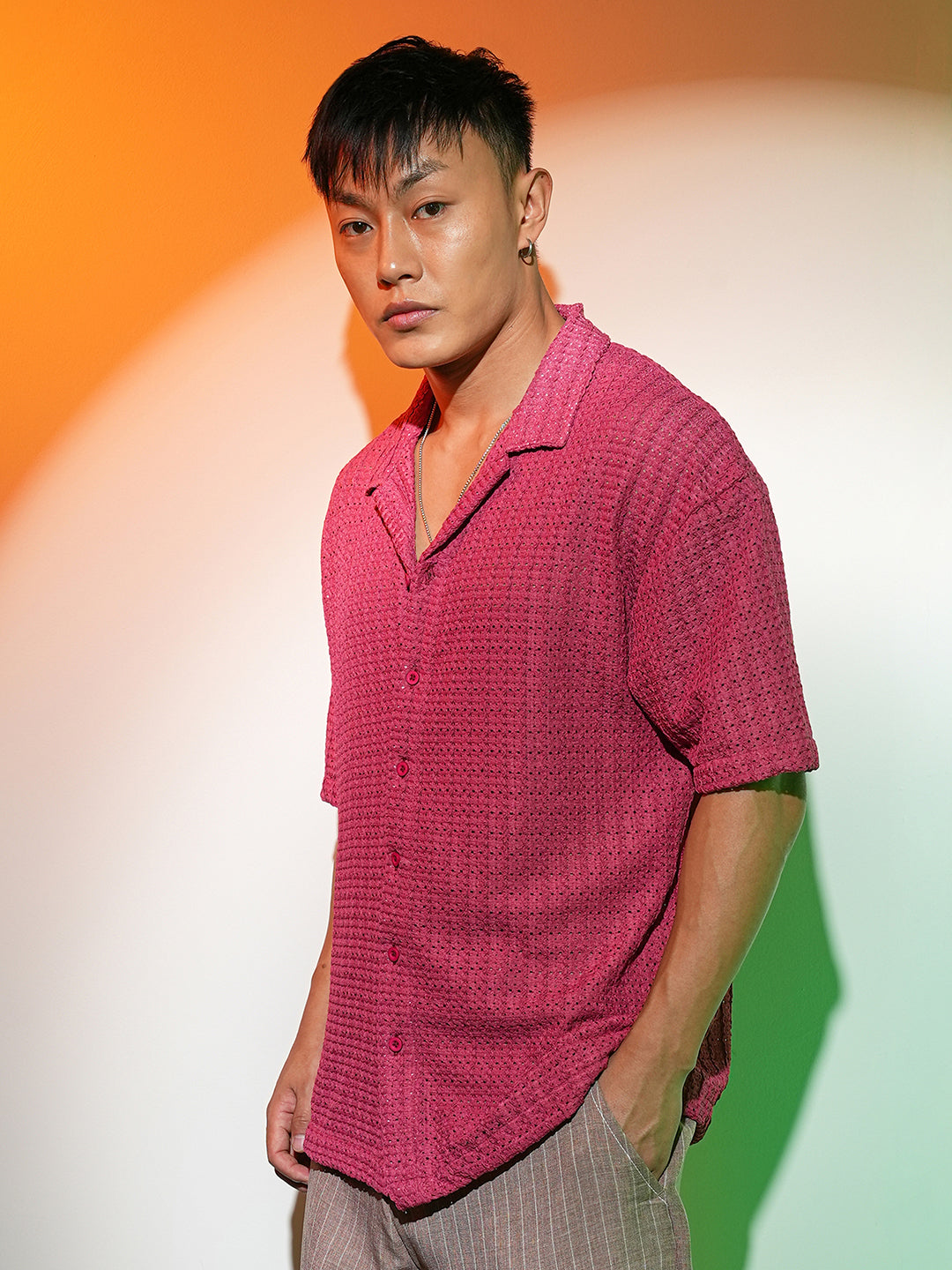 Campus Sutra Hollow Knit Oversized Shirt