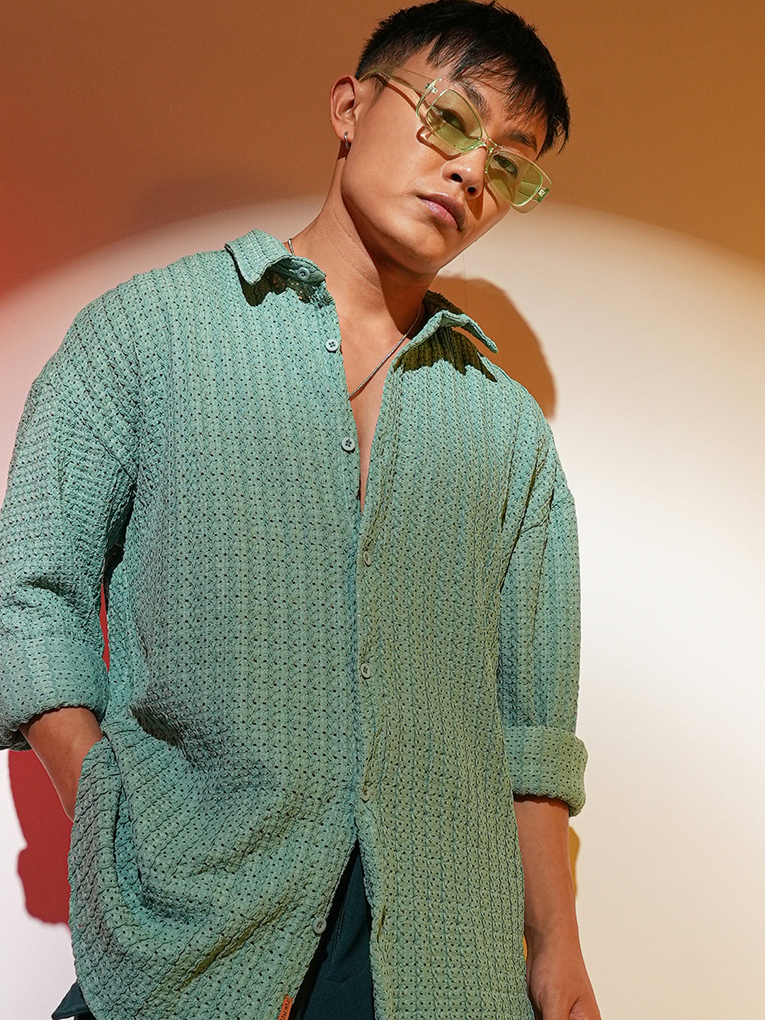 Campus Sutra Hollow Knit Oversized Shirt