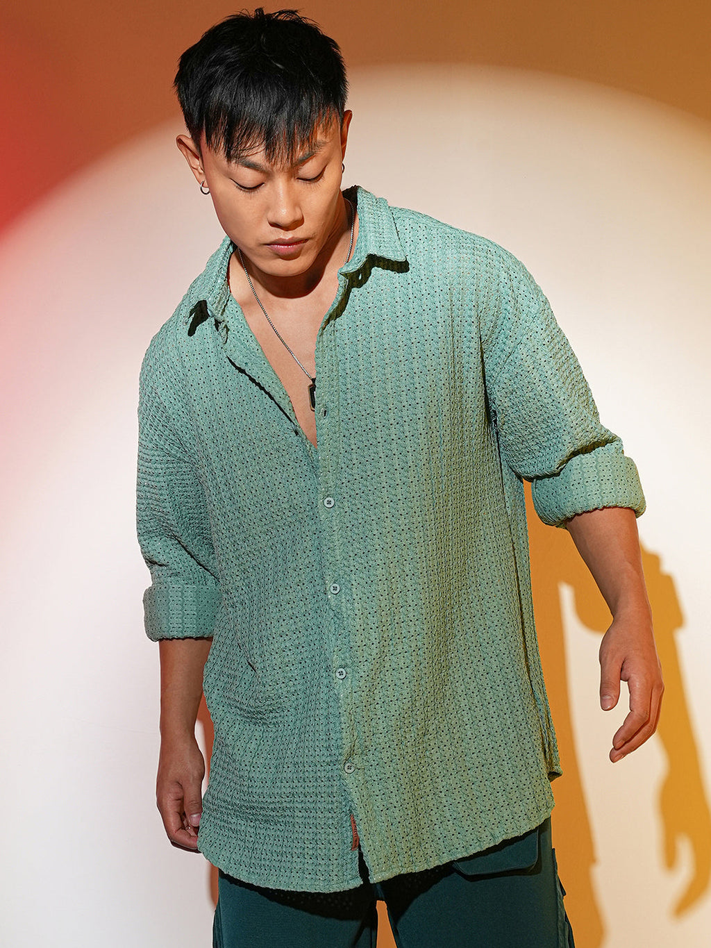 Campus Sutra Hollow Knit Oversized Shirt