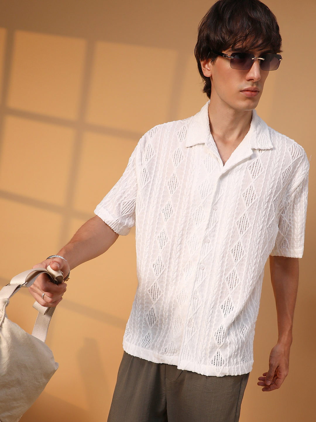 Campus Sutra Argyle-Textured Oversized Shirt