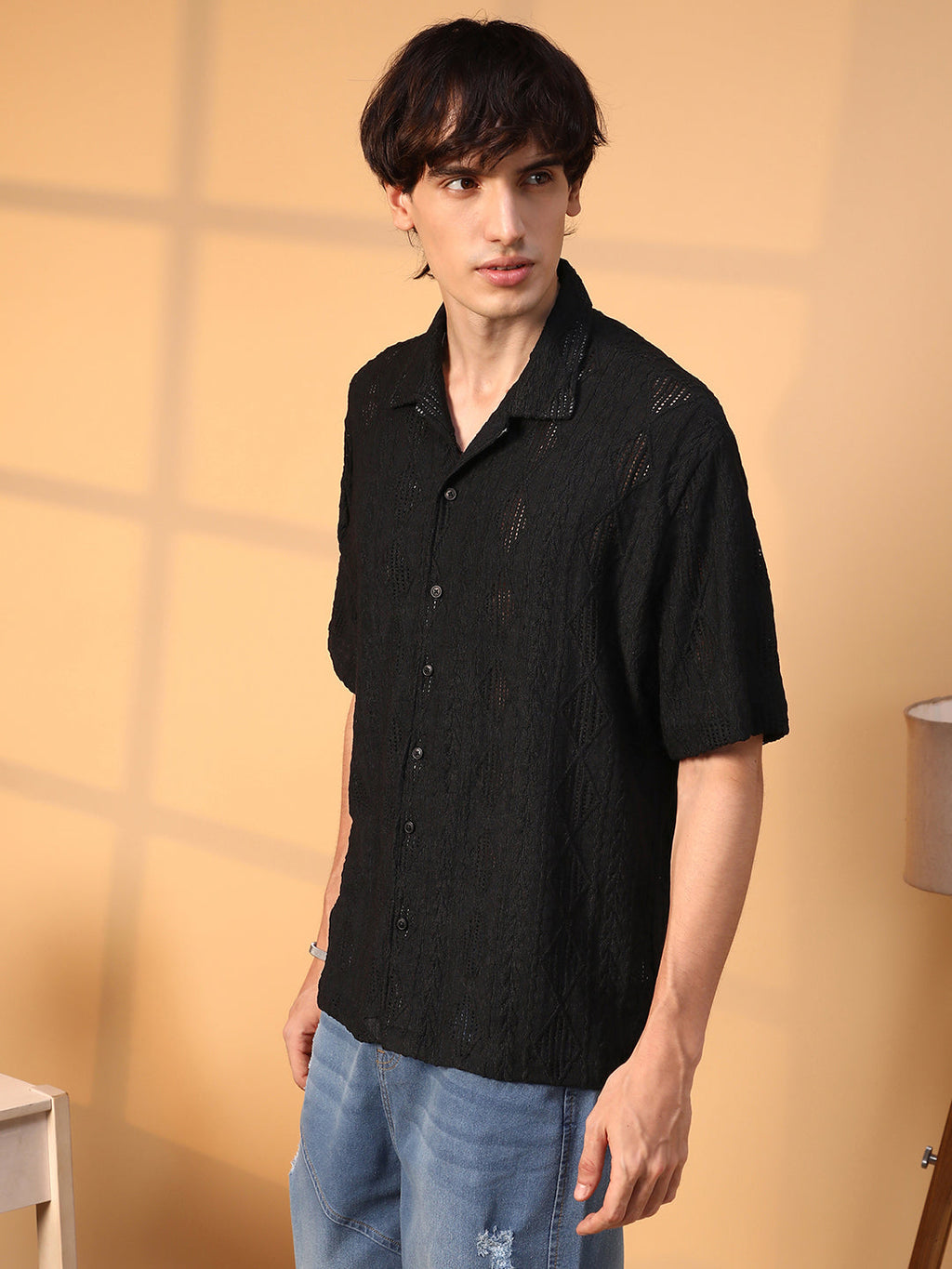Campus Sutra Argyle-Textured Oversized Shirt