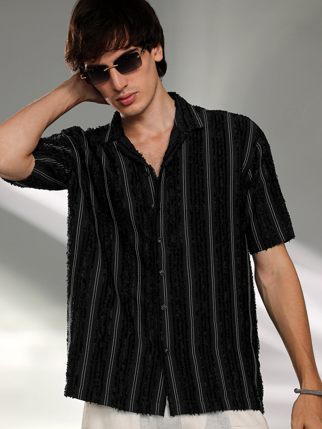 Campus Sutra Unhemmed Striped Oversized Shirt