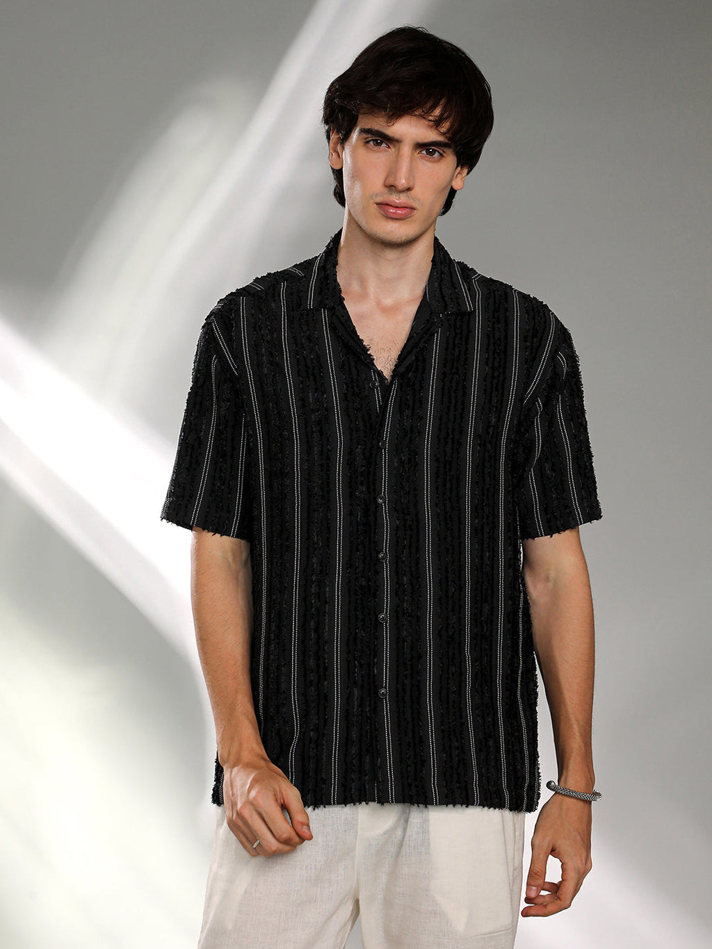 Campus Sutra Unhemmed Striped Oversized Shirt