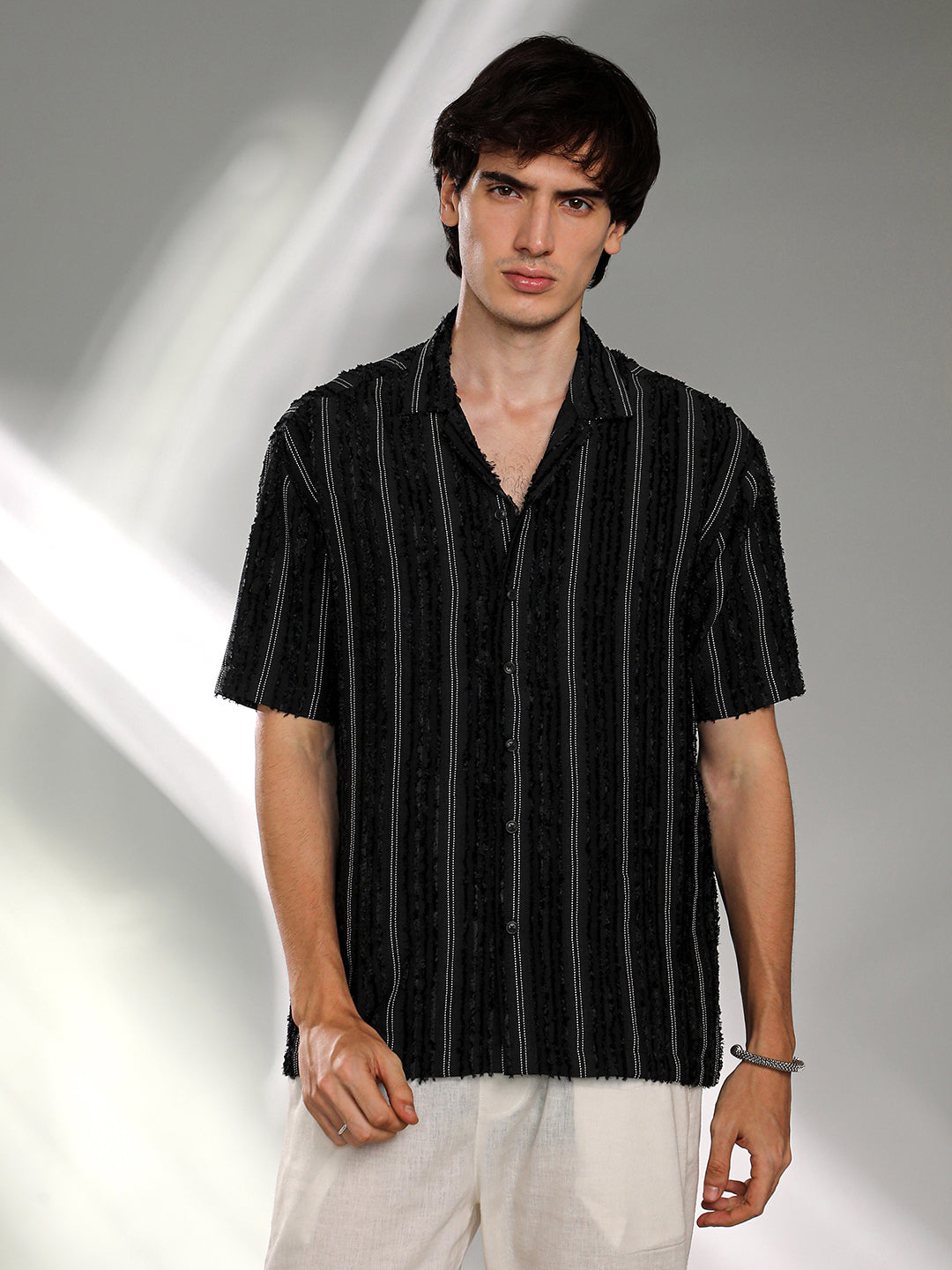 Campus Sutra Unhemmed Striped Oversized Shirt