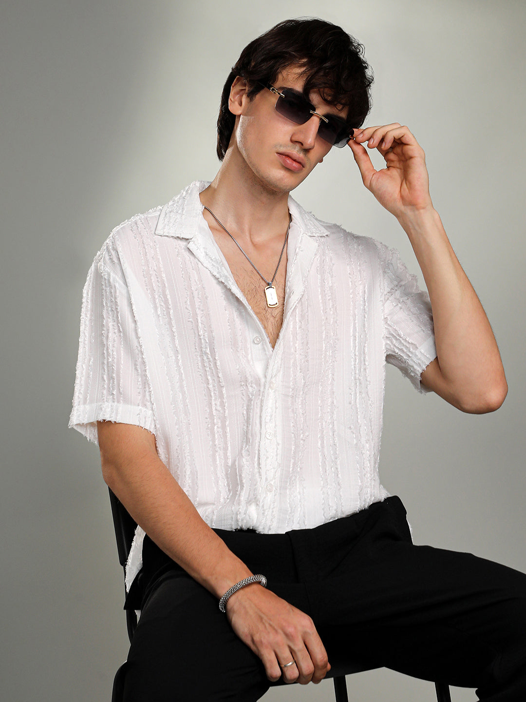 Campus Sutra Unhemmed Striped Oversized Shirt