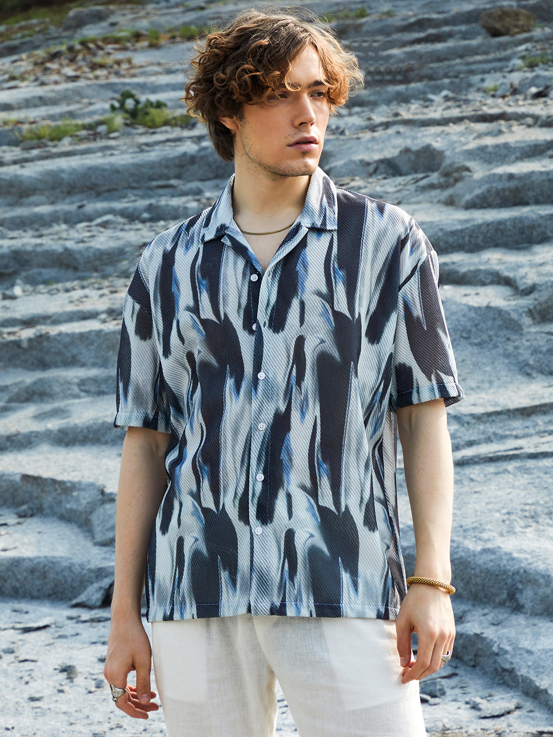 Campus Sutra Strokes Mesh Oversized Shirt