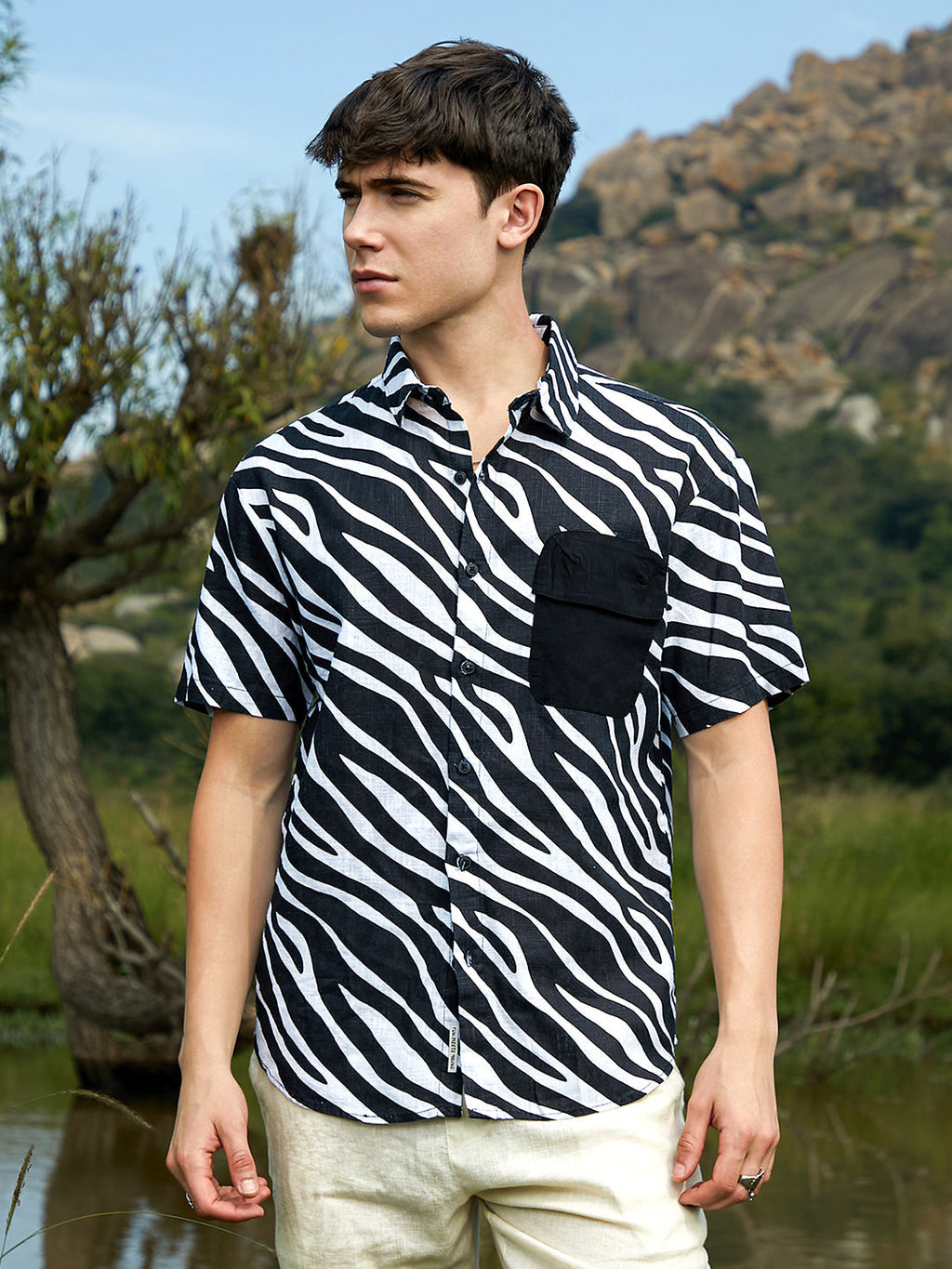 Campus Sutra Zebra-Lined Oversized Shirt