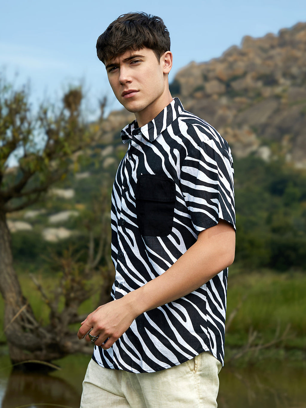 Campus Sutra Zebra-Lined Oversized Shirt