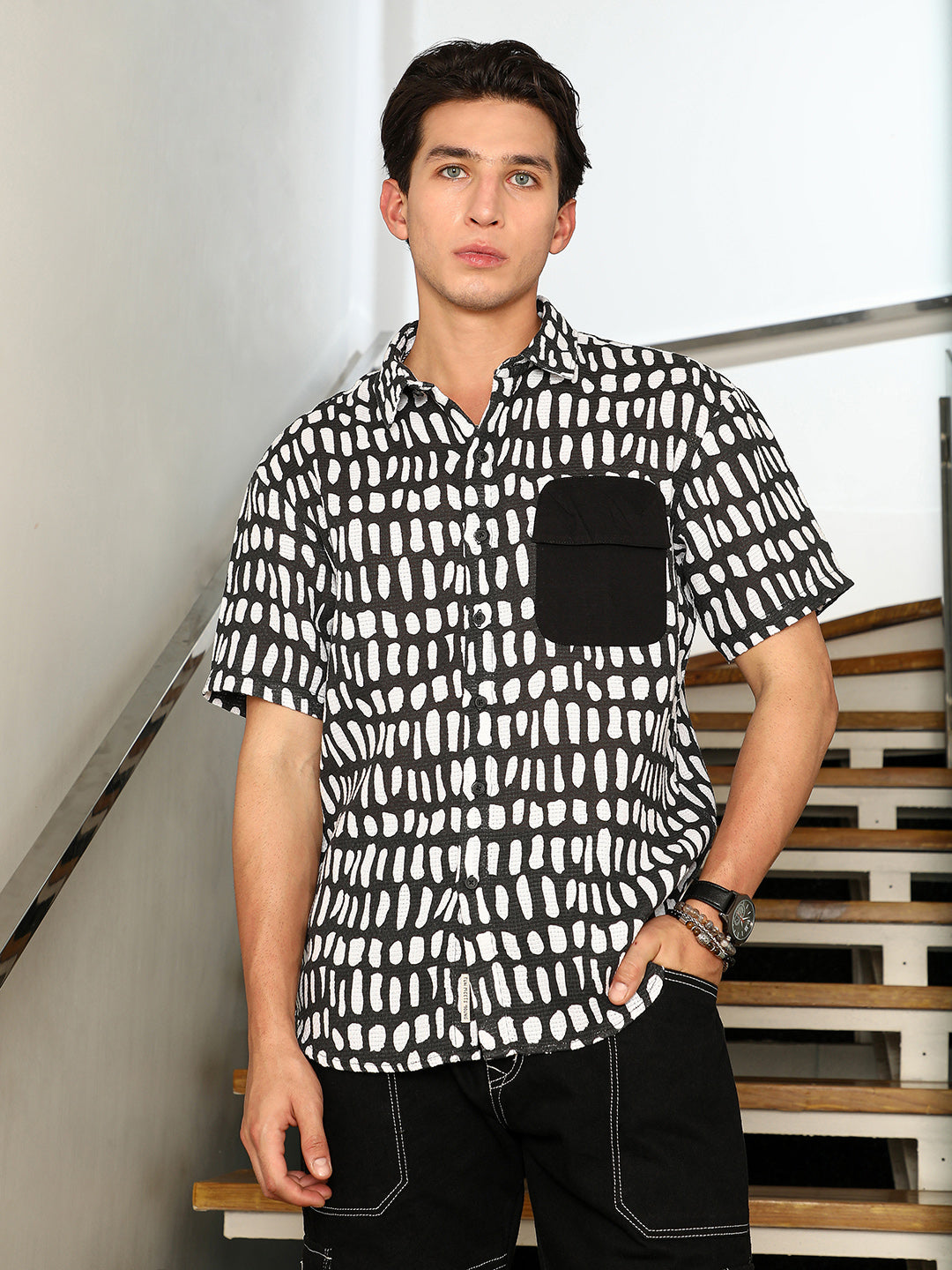 Campus Sutra Flap-Block Printed Oversized Shirt