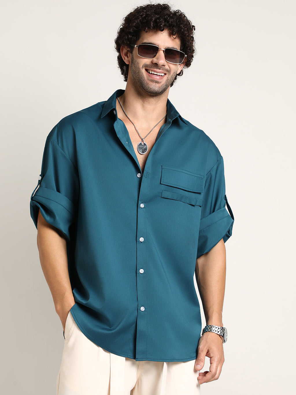 Campus Sutra Satin-Utility Oversized Shirt