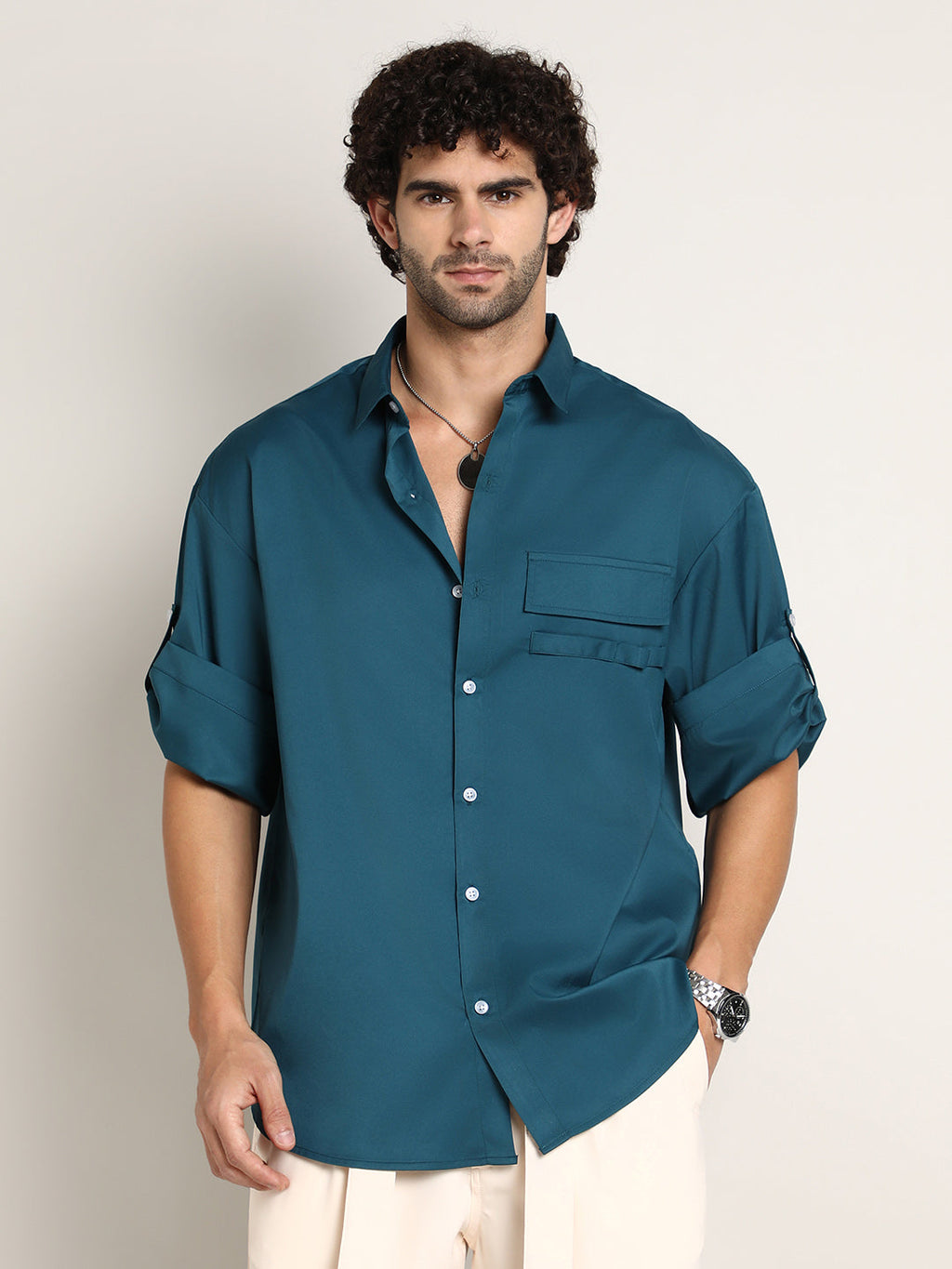 Campus Sutra Satin-Utility Oversized Shirt