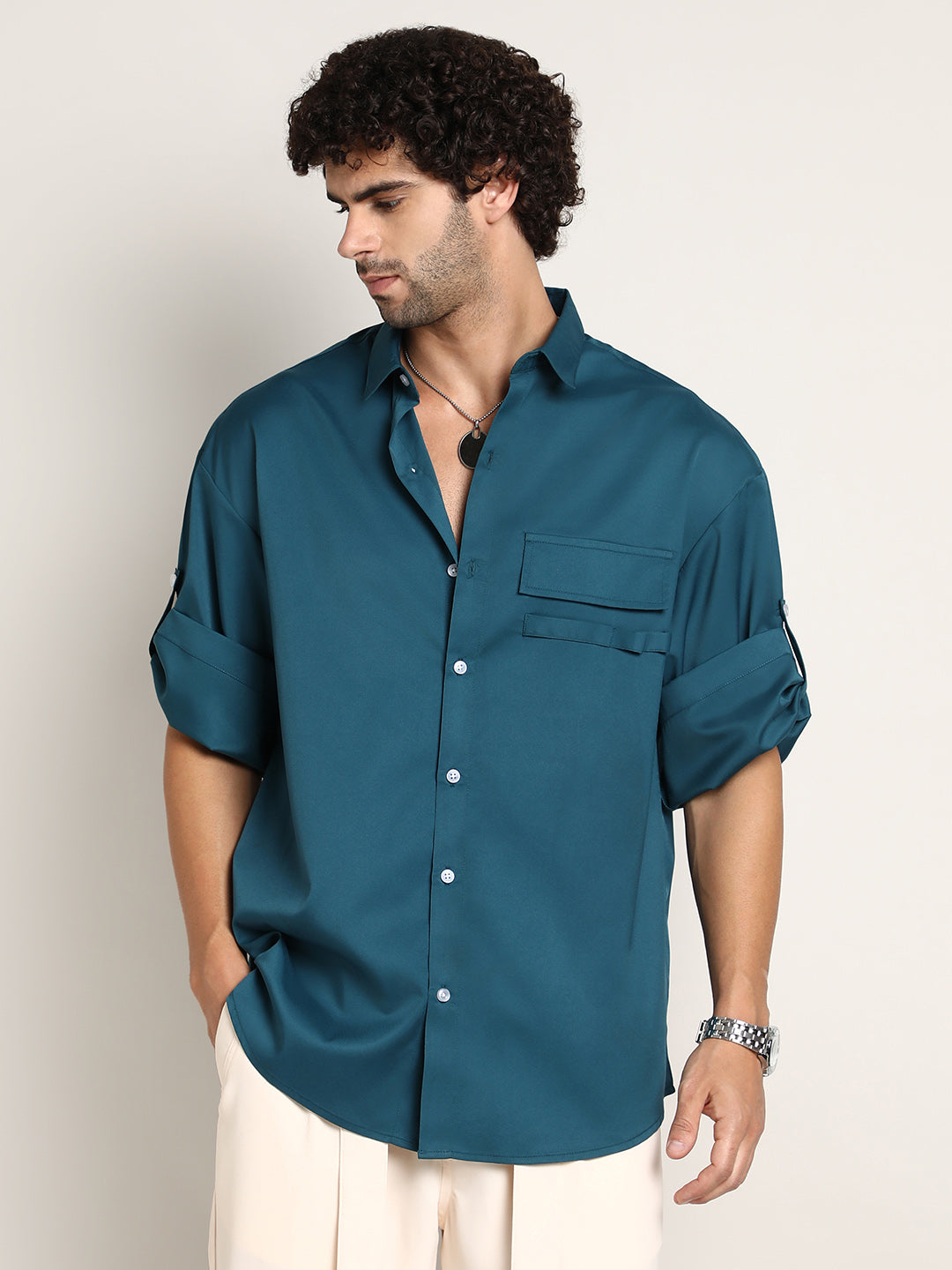 Campus Sutra Satin-Utility Oversized Shirt