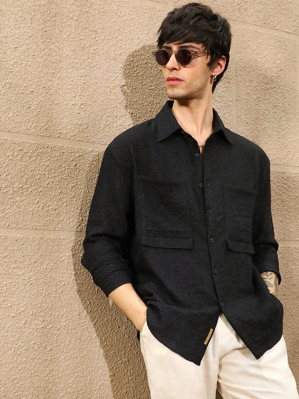 Campus Sutra Straw-Tactile Utility Oversized Shirt