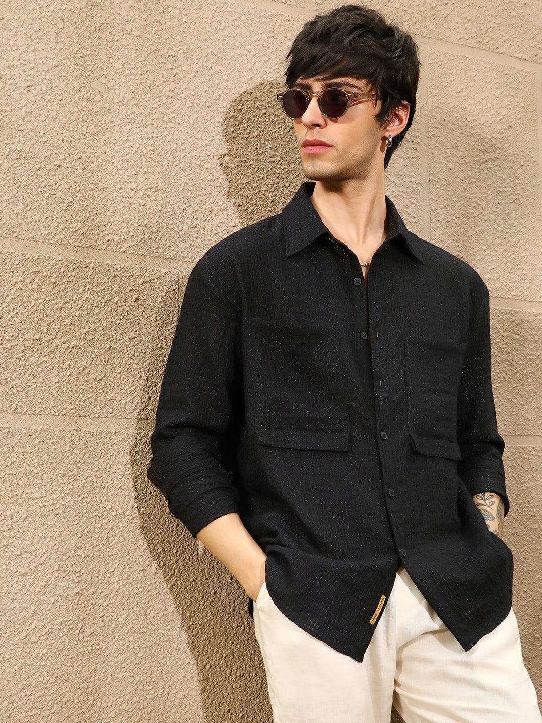 Campus Sutra Straw-Tactile Utility Oversized Shirt