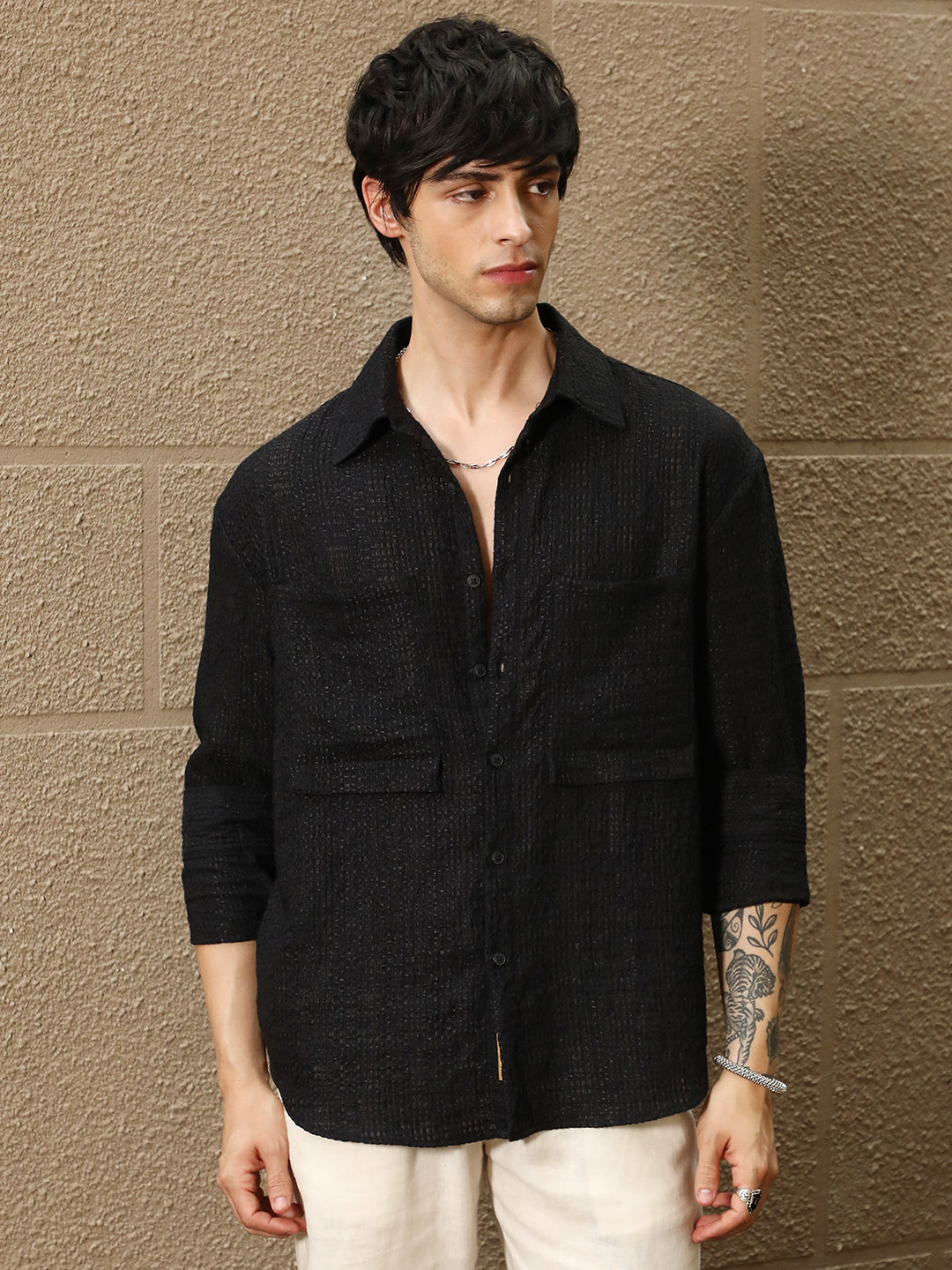 Campus Sutra Straw-Tactile Utility Oversized Shirt