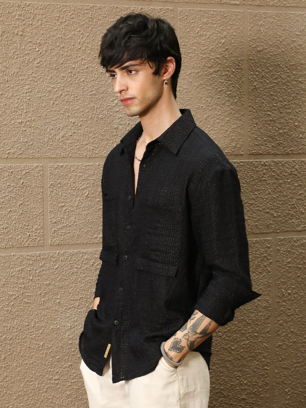 Campus Sutra Straw-Tactile Utility Oversized Shirt