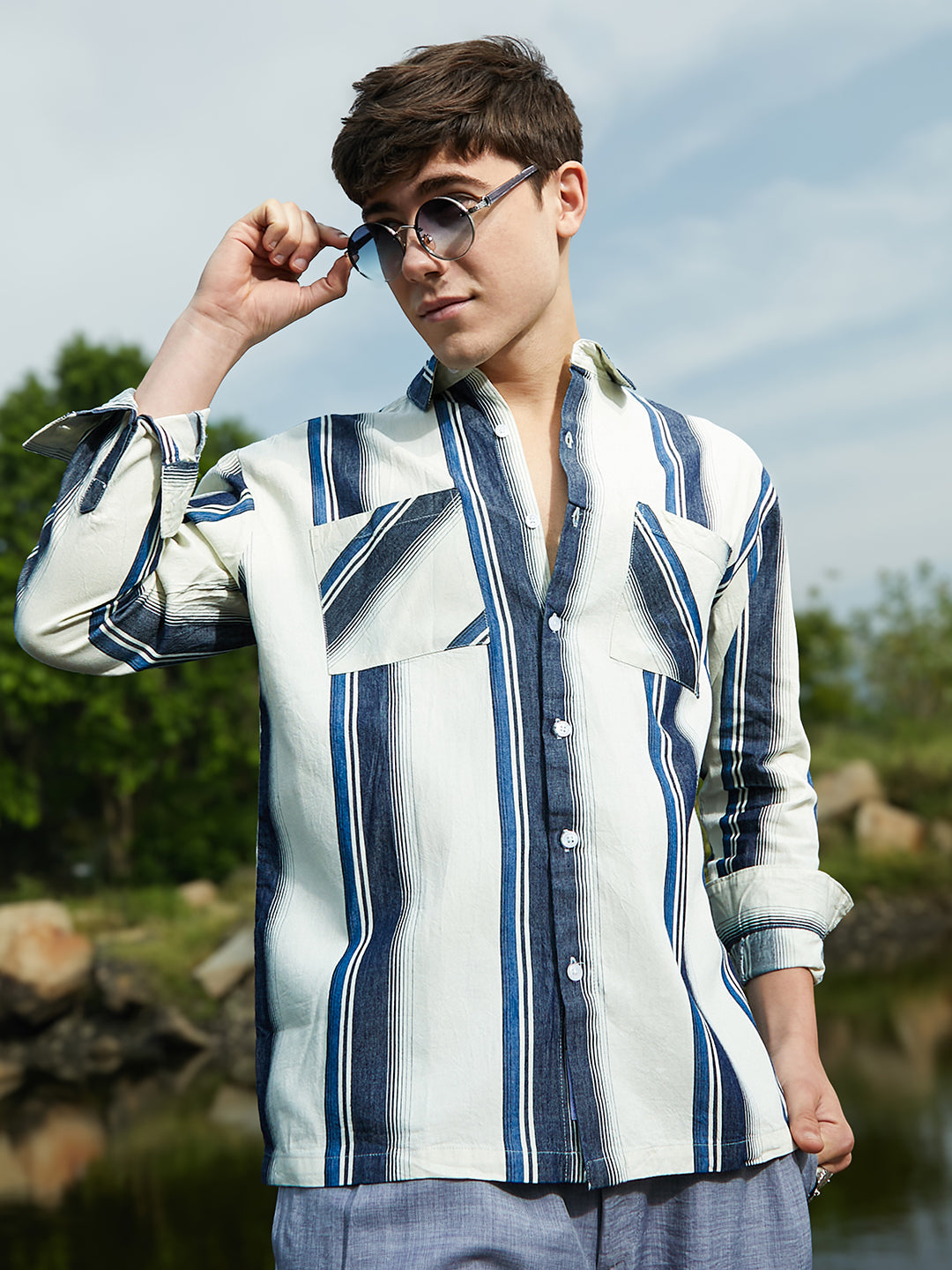 Campus Sutra Shadow-Striped Oversized Shirt