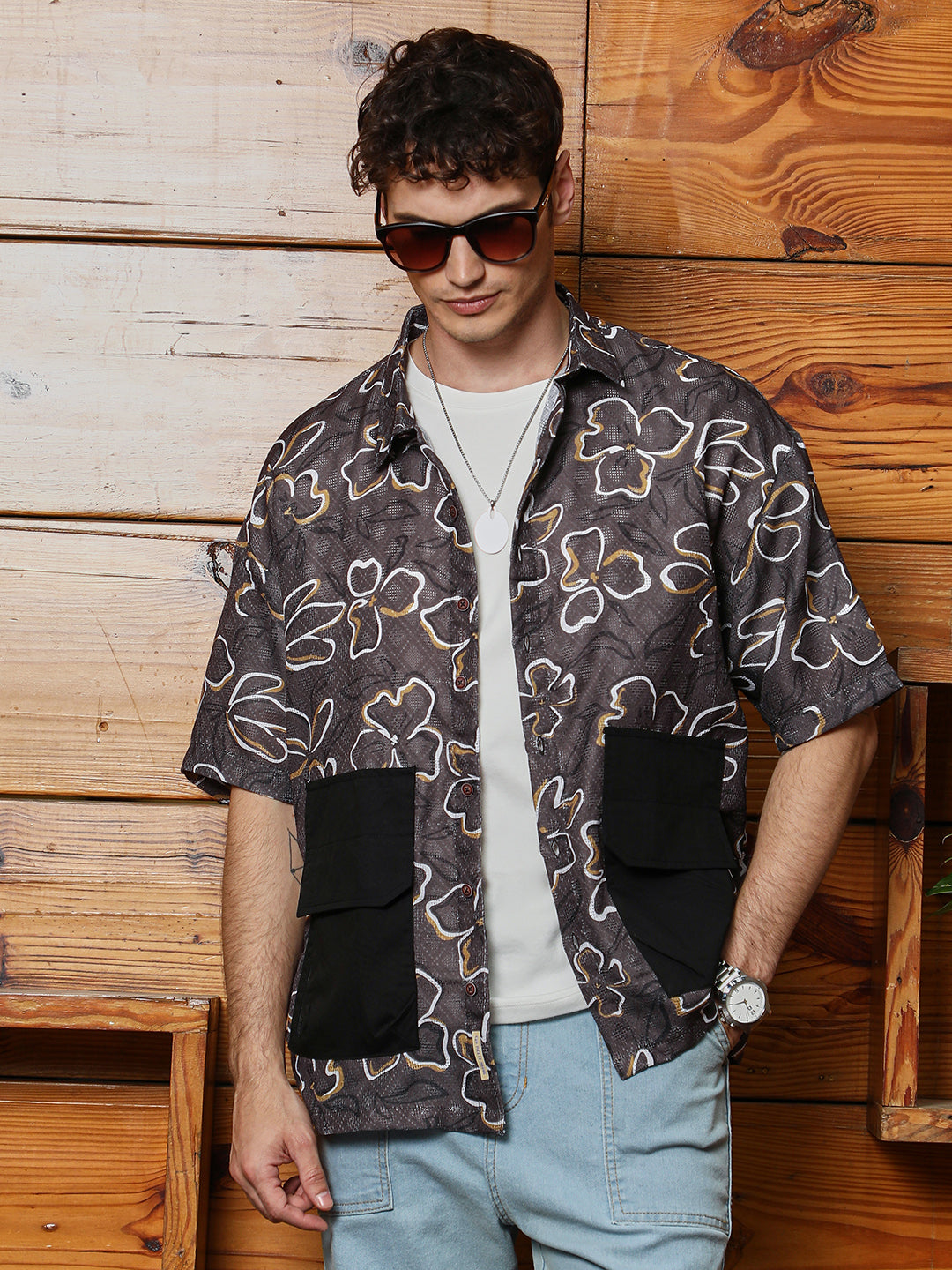 Campus Sutra Flora-Imprint Oversized Shirt