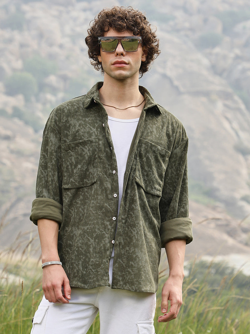 Campus Sutra Faded Corduroy Oversized Shirt