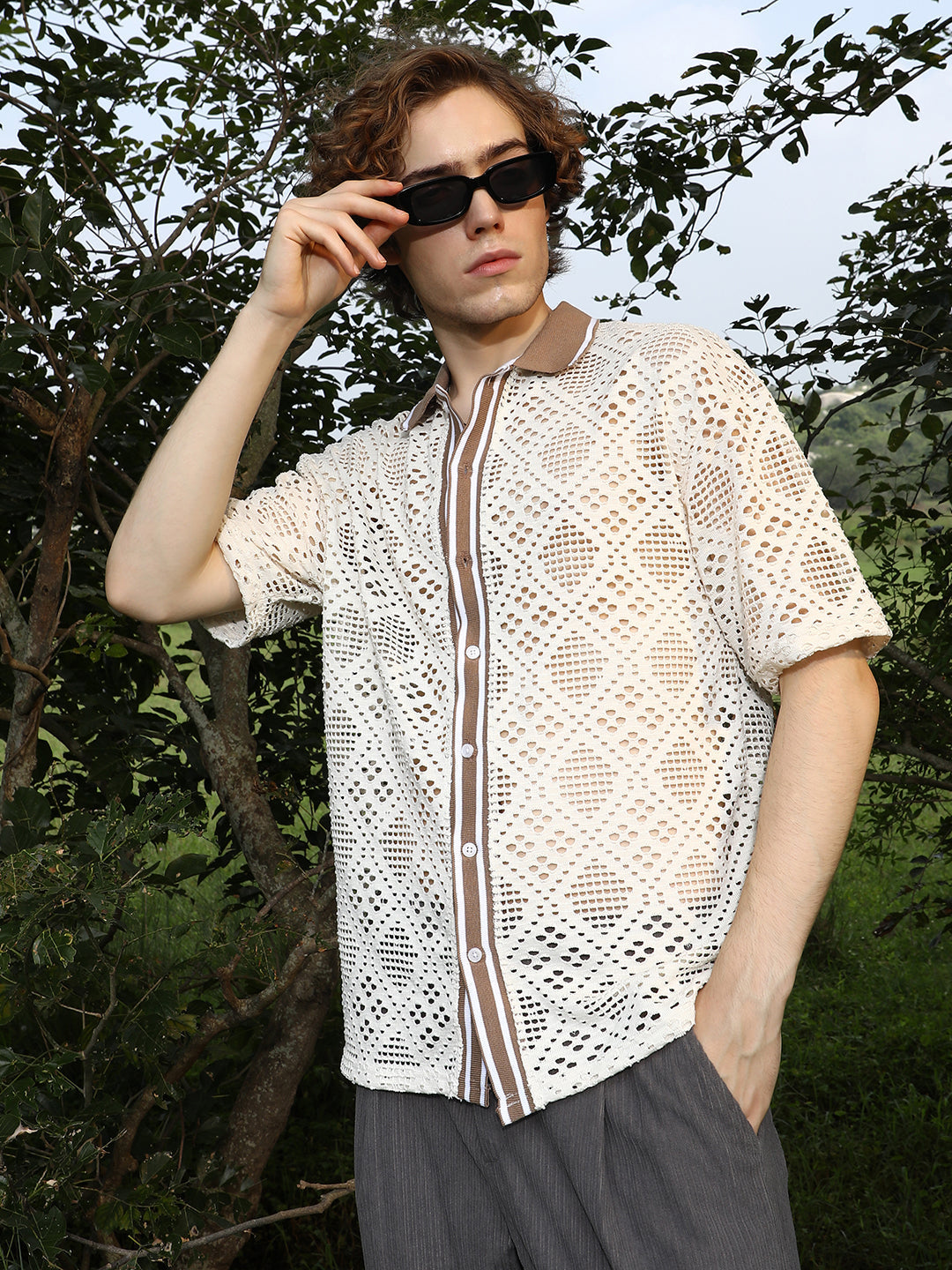 Campus Sutra Geometric-Knit Oversized Shirt