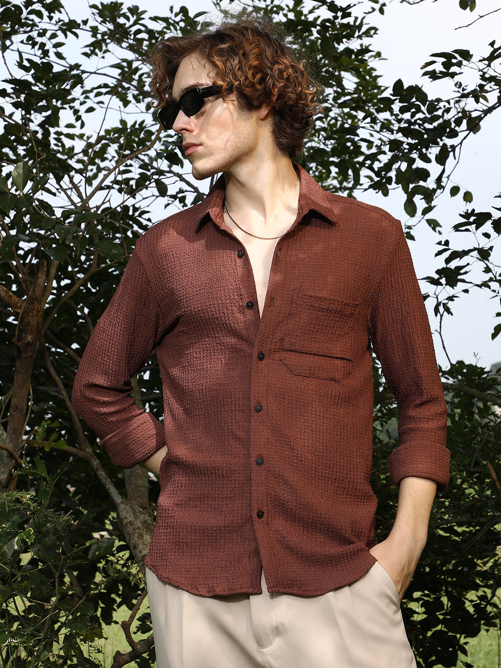 Campus Sutra Solid Tactile-Woven Shirt