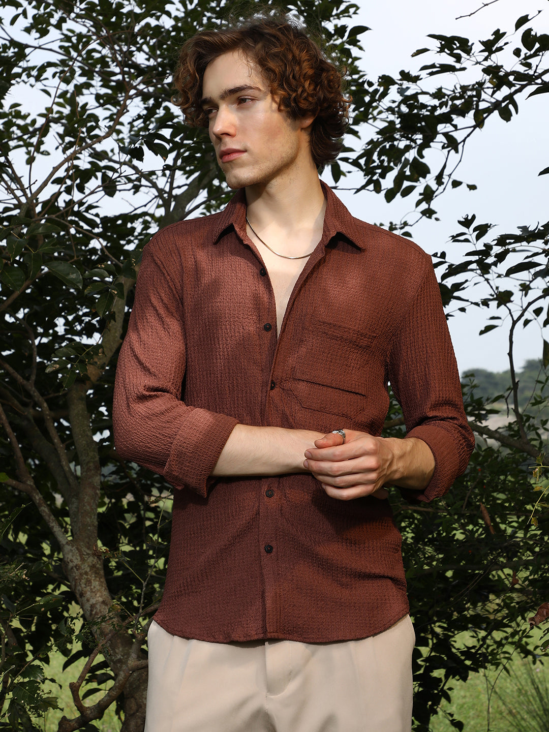 Campus Sutra Solid Tactile-Woven Shirt
