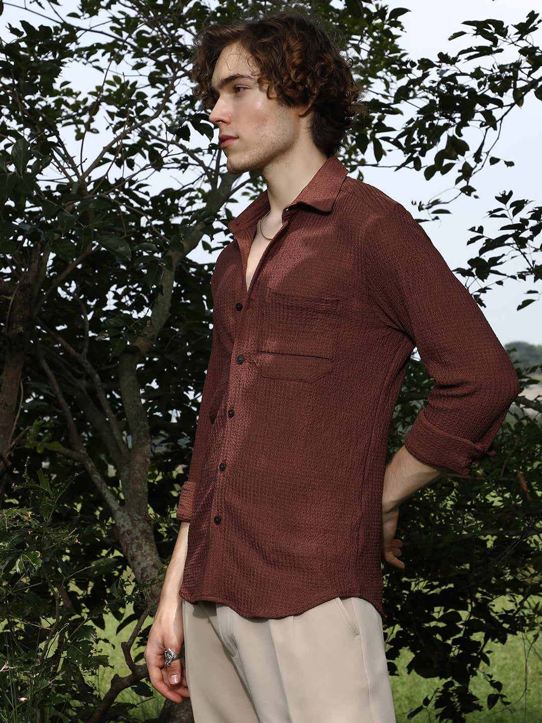 Campus Sutra Solid Tactile-Woven Shirt
