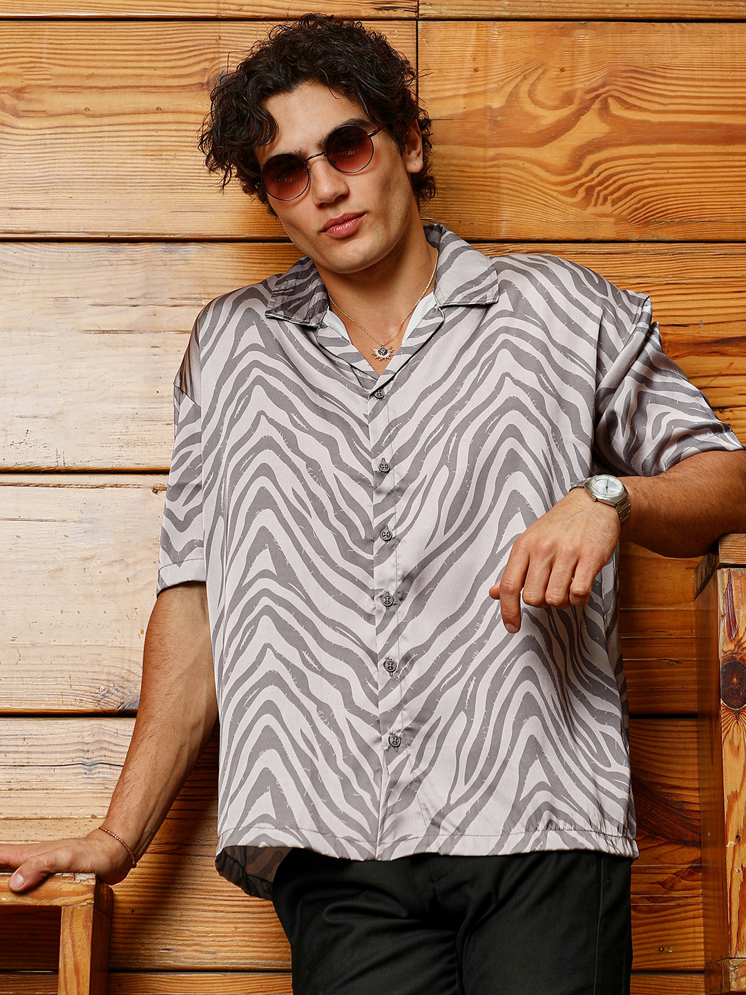 Campus Sutra Zebra Satin Oversized Shirt