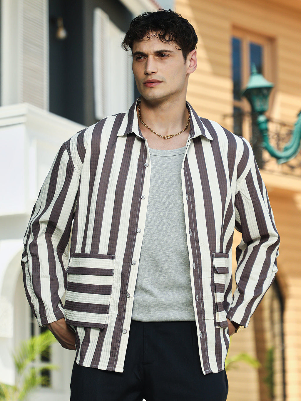 Campus Sutra Candy-Striped Utility Oversized Shirt
